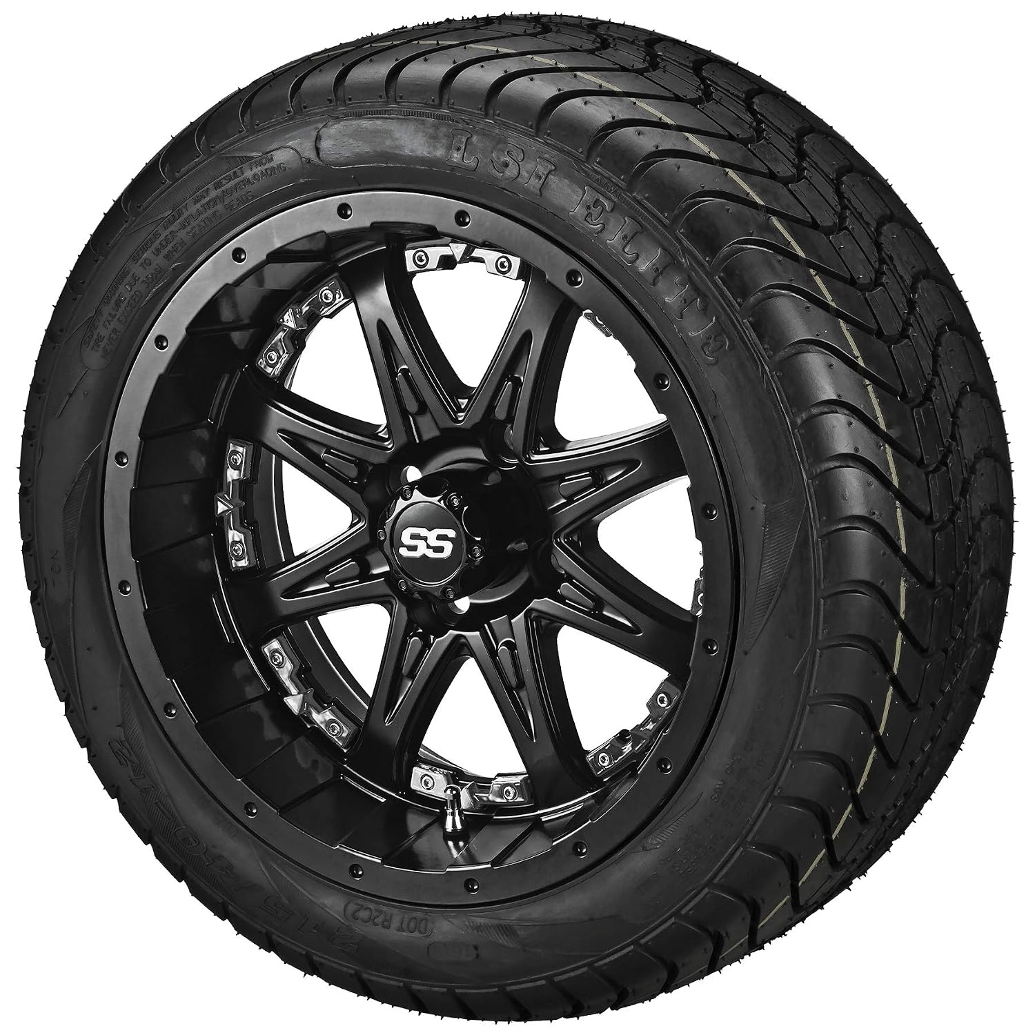 RM Cart Golf Cart Accessories 12" Revenge Black/Machined on 215/40-12 LSI Elite Tires with Black Inserts (Set of 4) | Fits Standard Lug Nuts (Club Car & EZ-Go)