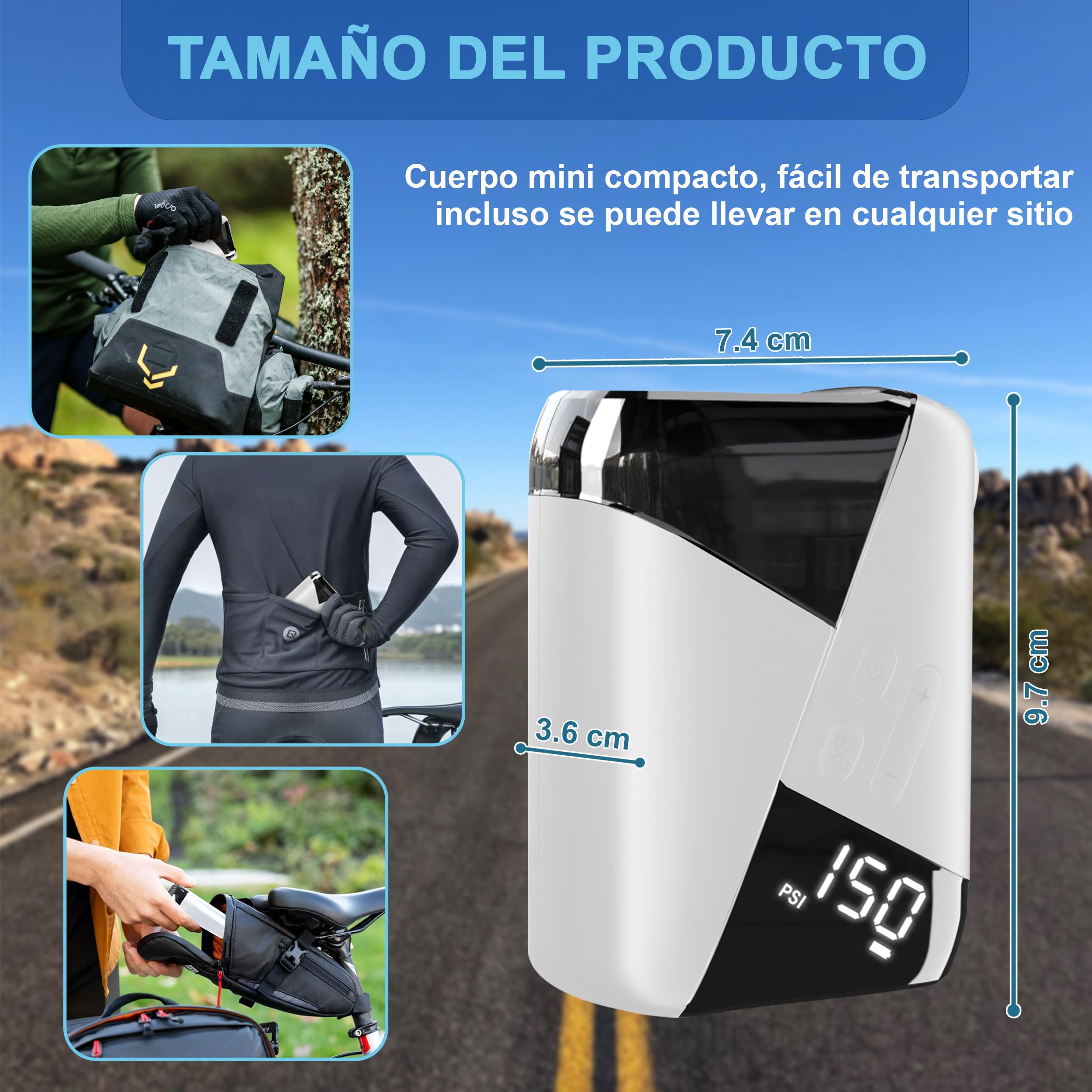 Bomba Bicicleta Mini Inflador Bicicletas Electrico, 150 PSI, Hinchador Electrico Bicicleta Portatil, Bomba Electrica Bicicleta, Mini Bomba de Aire Bici Electrica, para Válvula Schrader y Presta