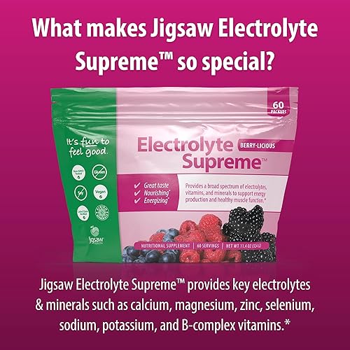 Miniatura 5 de Suplemento Jigsaw Health Electrolyte Supreme, delicioso sabor a bayas, amplio espectro de electrolitos + oligoelementos, 60 paquetes de polvo, 60