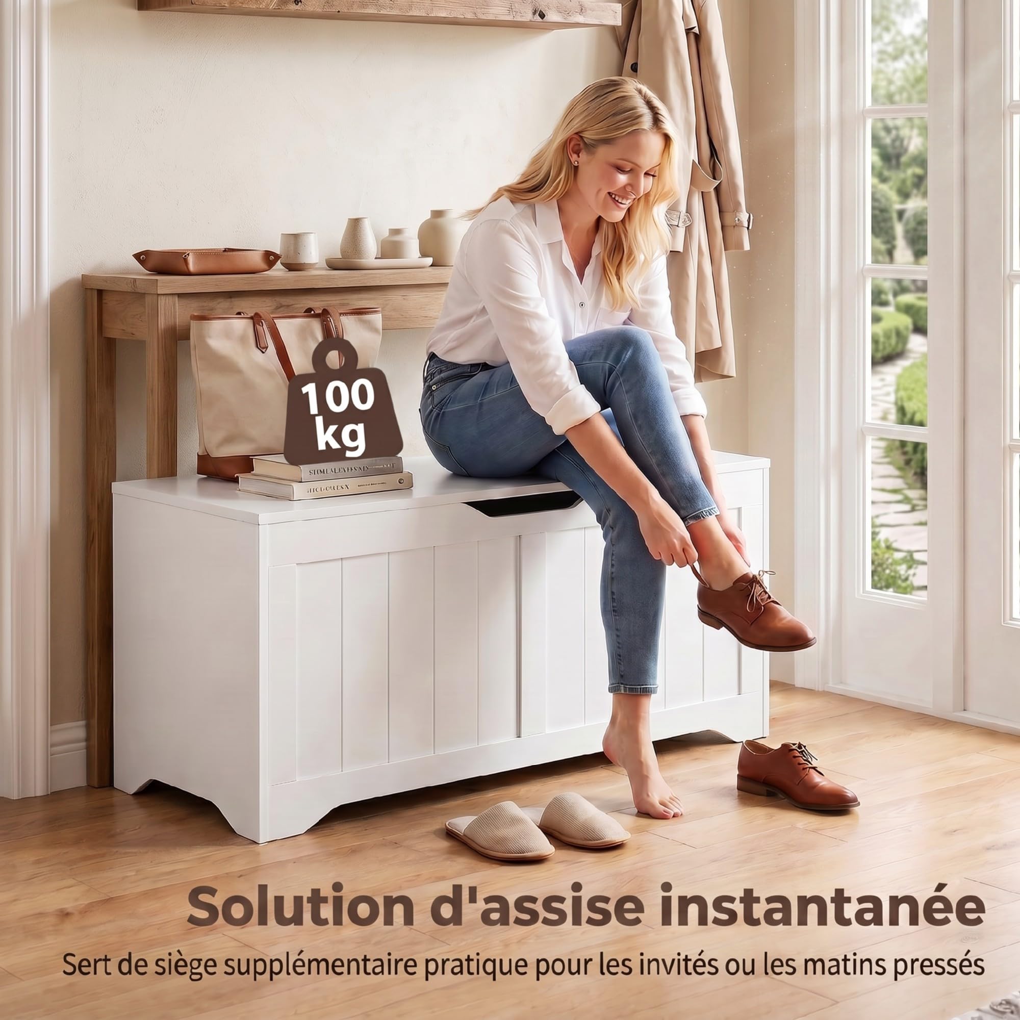 HOMCOM Coffre de Rangement 136 L Design sans Poignée 100 x 40 x 45 cm Blanc