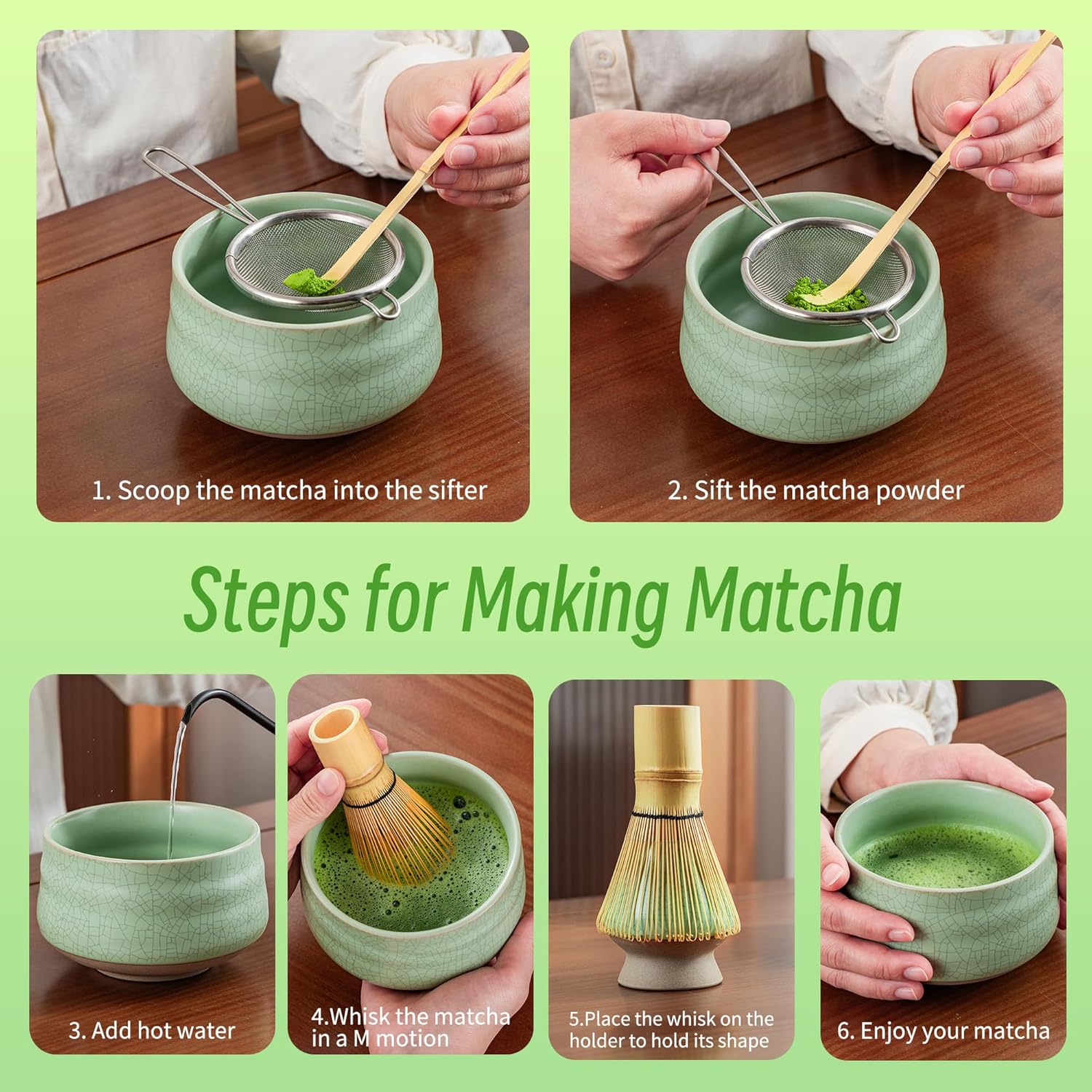 TEANAGOO Matcha Whisk Set Green, 7 Pcs Matcha Set, Matcha Kit for Ceremony, Matcha Tea Set for Making Breakfast/Latte,Whisk Set and Ceramic Bowl with All Accessories, Gift for Family/Friend - Image 5