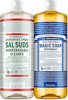 Dr. Bronner’s Pure-Castile Magic Soap Variety Pack & Sal Suds Biodegradable Cleaner Liquid Body Soap, All-Purpose Cleaner, Vegan, Cruelty-Free, Non-GMO, Peppermint Pure-Castile Liquid 32 oz & Sal Suds