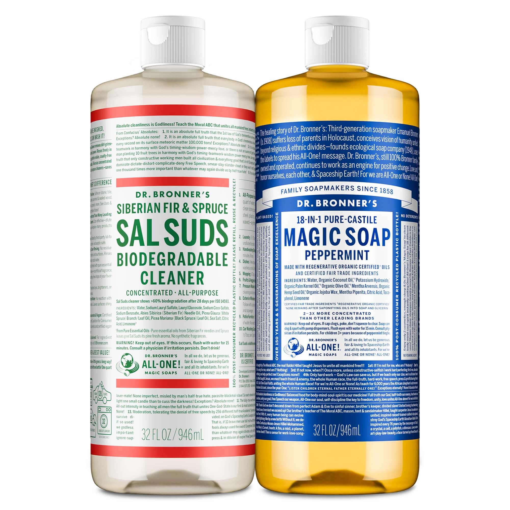 Dr. Bronner’s Pure-Castile Magic Soap Variety Pack & Sal Suds Biodegradable Cleaner Liquid Body Soap, All-Purpose Cleaner, Vegan, Cruelty-Free, Non-GMO, Peppermint Pure-Castile Liquid 32 oz & Sal Suds