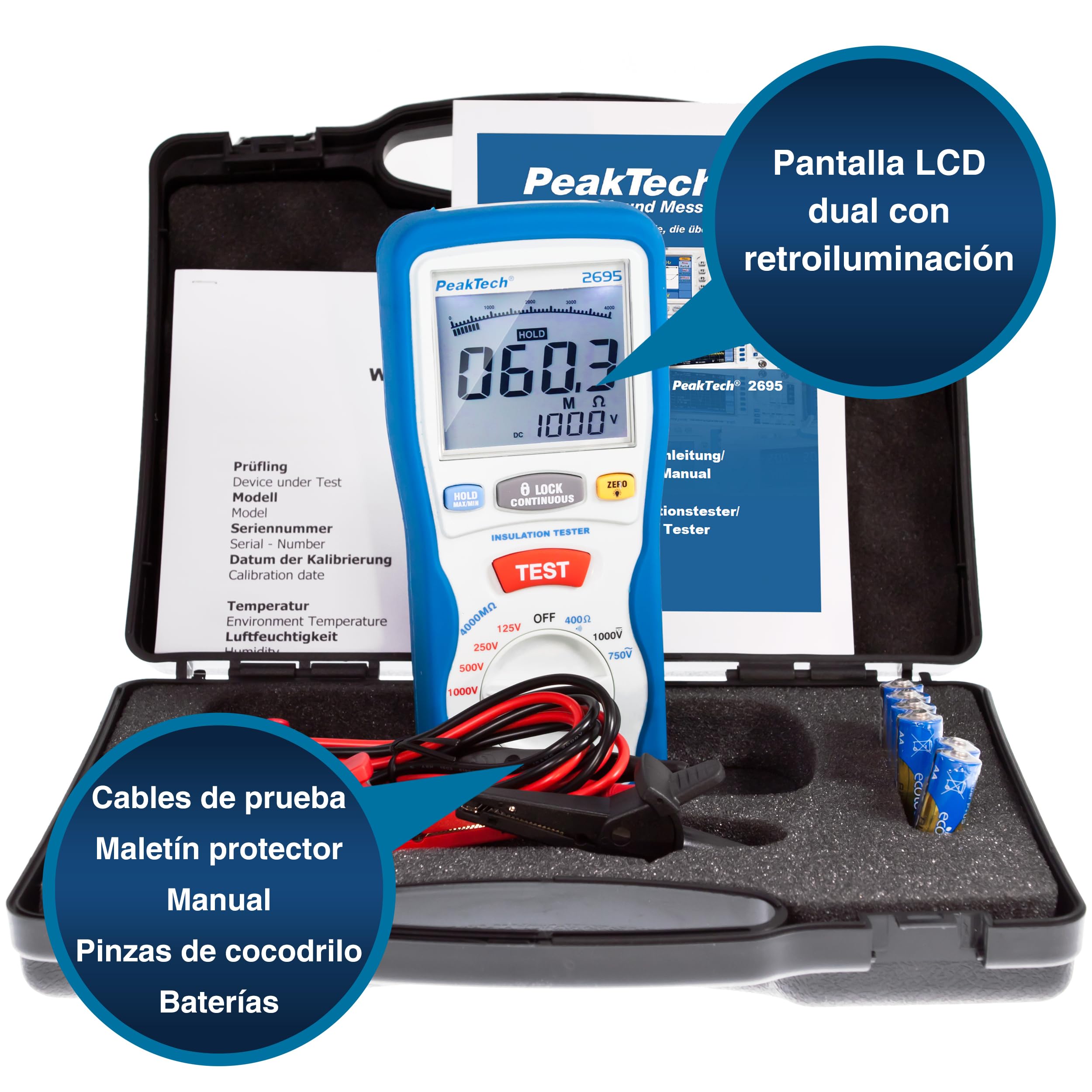 PeakTech 2695 – Probador de aislamiento, calibrado, probador de continuidad, voltímetro, circuitos, fusibles, mínimo/máximo, retención de datos, TUV/GS - 125V, 250V, 500V, 1000V