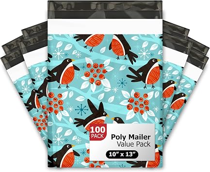 10x13 100 Birds & Berries Winter Designer Poly Mailers Waterproof Self Sealing Tear Resistant Polymailers Shipping Envelopes Premium Printed Bags For Small Businesses