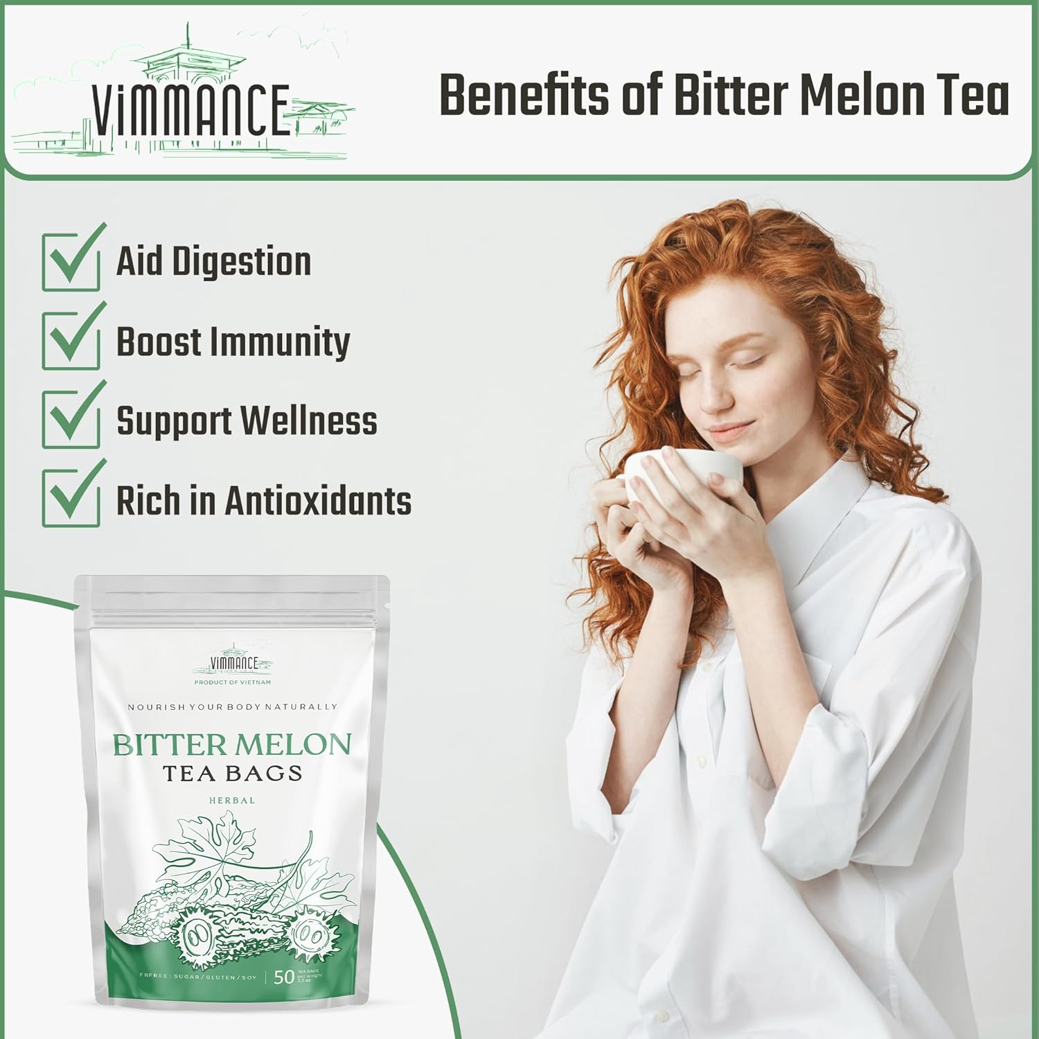 VIMMANCE Bitter Melon Dried Sliced Tea Bags, 50 counts, Dry Mellon Amargo, Vietnamese Herbal Tea, Momordica Charantia, 100% Natural Bittermelon, Decaf, Sugar Free, Balance Taste - Image 2