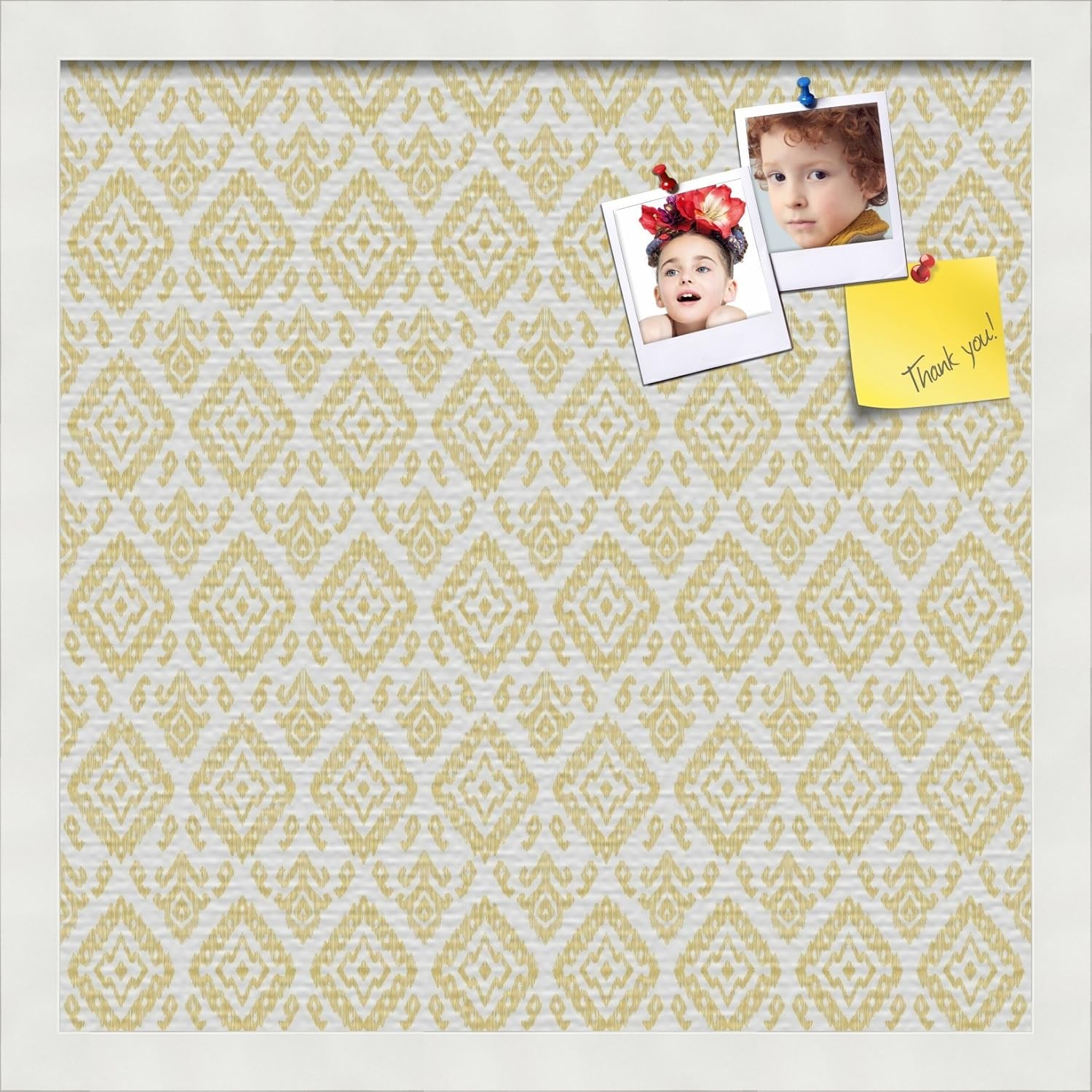 PinPix 16x16 inch Cork Bulletin Board. This Decorative Framed Pin Board Comes with Ikat Vintage Gold Design and Satin White Frame. Ideal for Home, Office Decor or School (PinPix-1598)