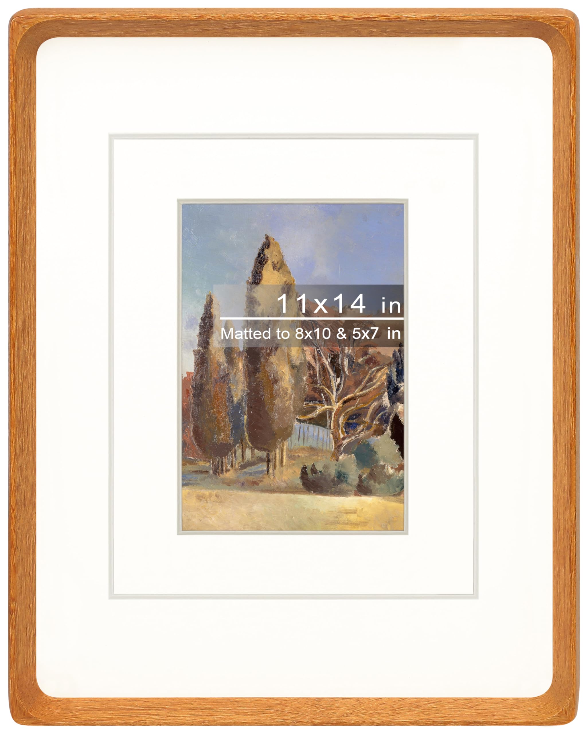 Gdfmsc 11x14 Picture Frame with Mat for 5x7/8x10, Natural Teak Wood Handcrafted Rounded Corner with Real Glass, Vertical or Horizontal Display Photo