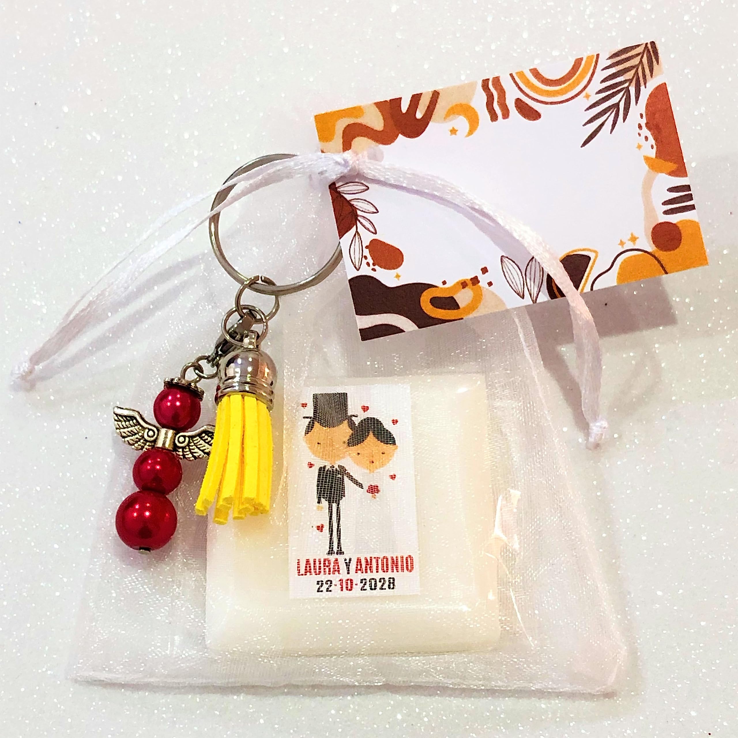 Detalles de Boda 15 Jabones Personalizados + 15 Llaveros Ángel de la Guarda Surtidos + 15 Borlas Surtidas + 15 Bolsas Organza + 15 Tarjetas Recuerdos, Regalos Boda Para Invitados