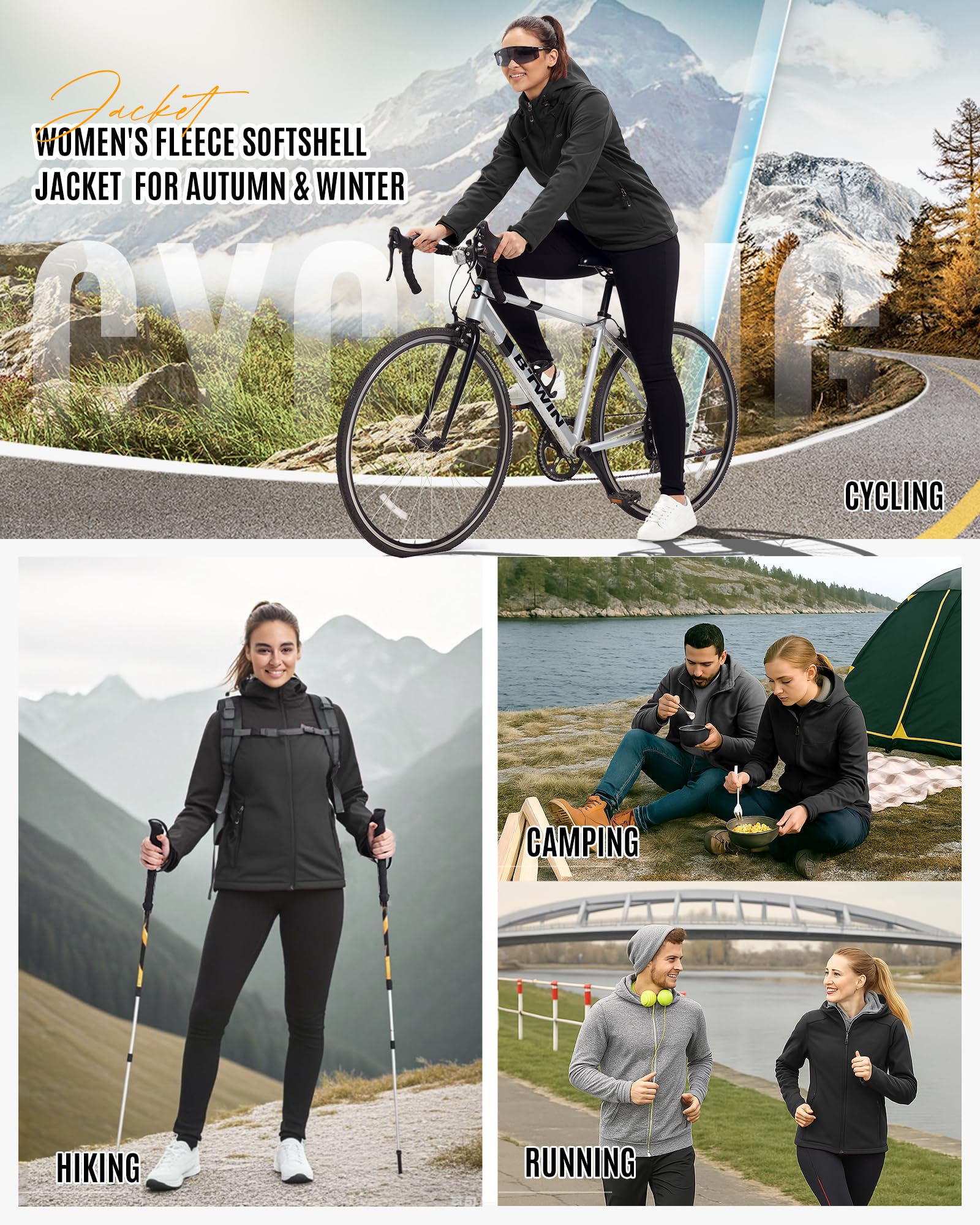33,000ft Damen Fleece Gefütterte Softshelljacke Wasserdichte Funktionsjacke Fahhradjacke mit Kapuze Winddichte Übergangsjacke Windbreaker zum Radfahren, Wandern