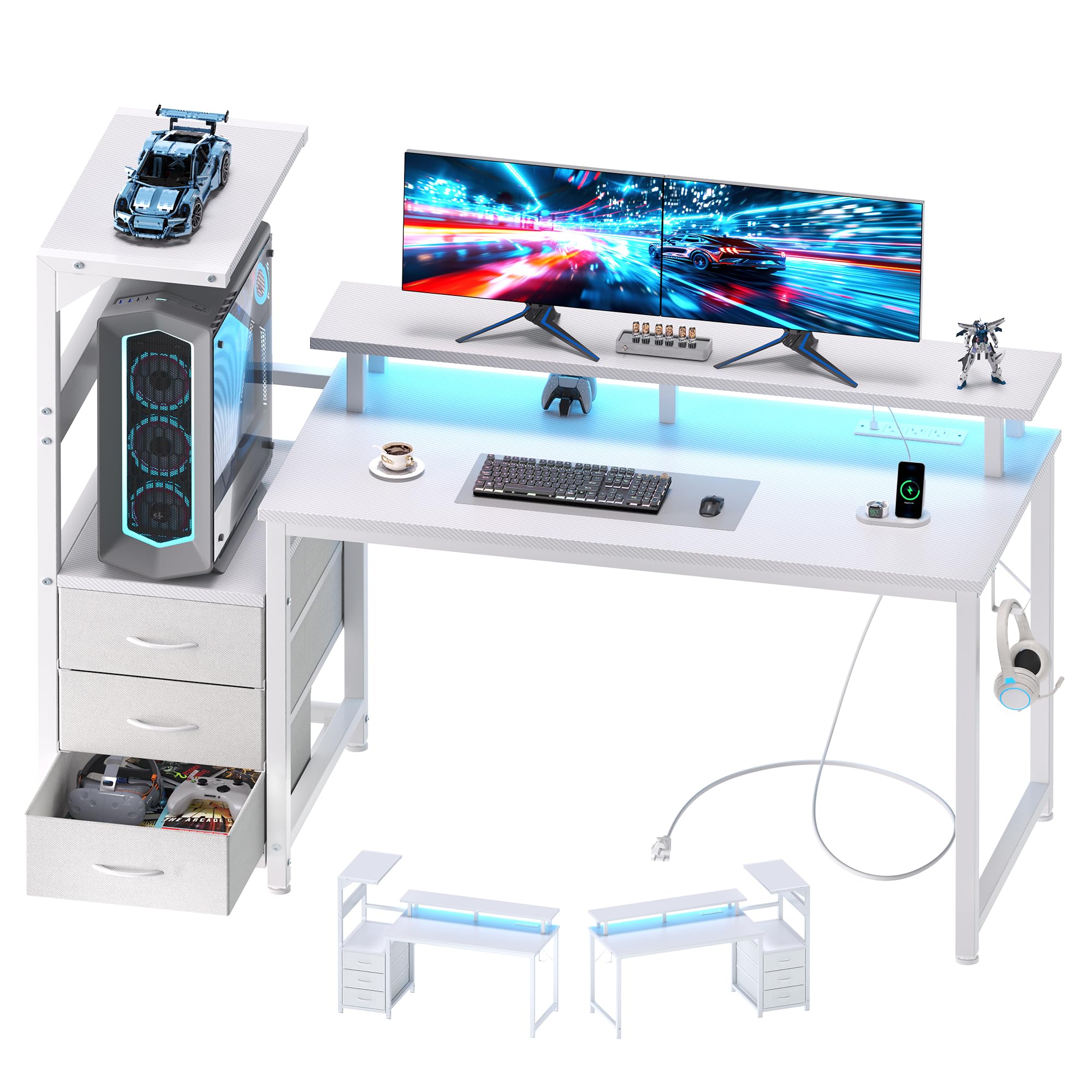 DUMOS 52” Reversible Gaming Computer Desk with Drawers and Power Outlet