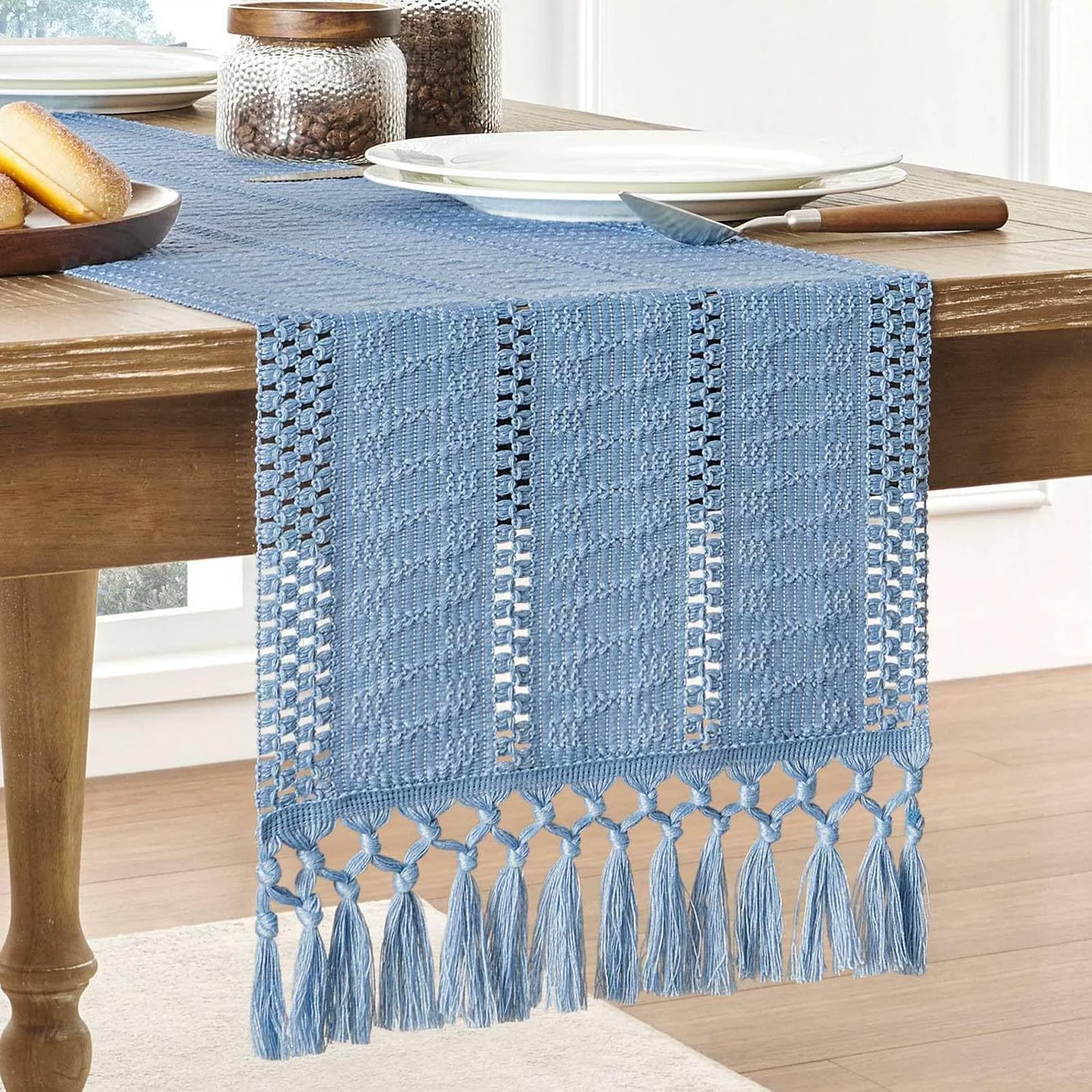 Rustic Linen Table Runner With Tassel Boho Embroidered Style Kitchen Tablerunners For Holiday Party Wedding Birthday Decoration Blue (30*90cm/11.81*35.43in)