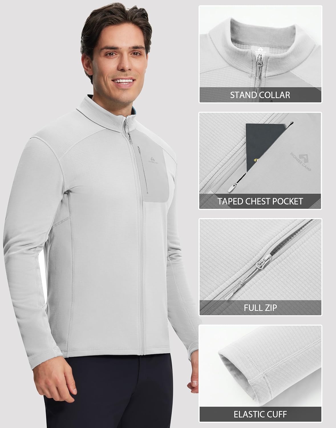 Pioneer Camp Mens Grid Fleece Jacket Full Zip Up Professional Mid Layer Outdoor Winter Thermal Sweatshirt with Chest Pocket - Image 5