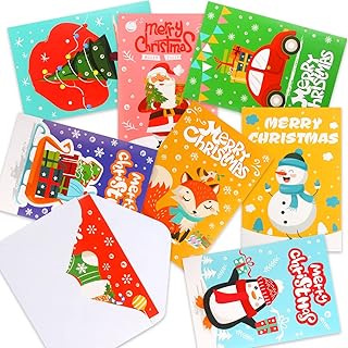 Christmas Cards, 32 Xmas Happy Holiday Greeting Cards with Envelopes 8 Designs for Kids and Family Greetings (4 x 6 Inches)