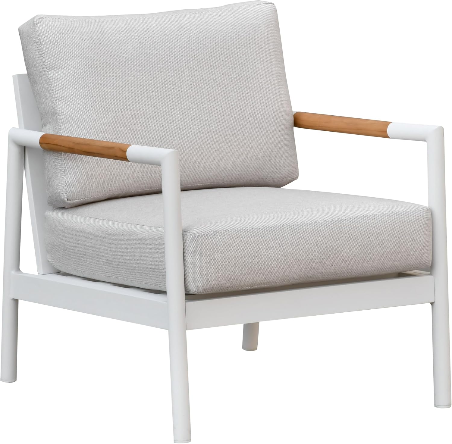 SAFAVIEH Couture Outdoor Patio Furniture Collection - Chryssa Accent Chair, White Aluminum Frame with Natural Teak Wood Armrests & Beige Cushions (CPT4007A)