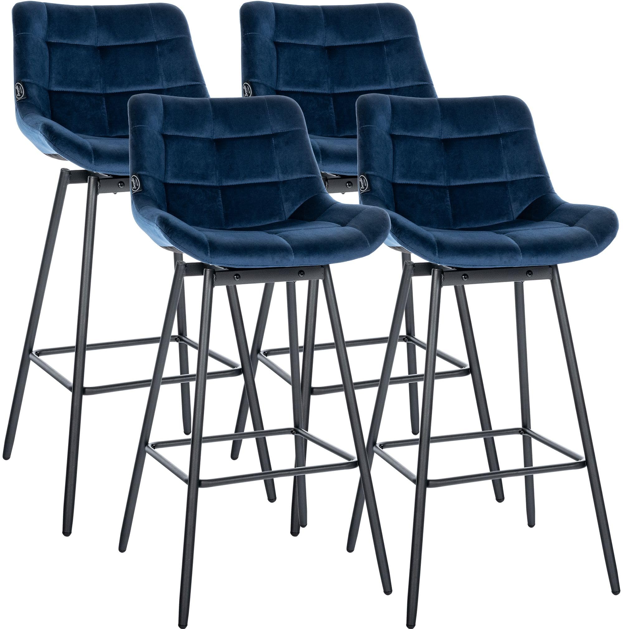 CLP Lot de 4 tabourets de Bar Weston avec Dossier, pivotement 180 degres avec Retour Automatique, Assise rembourree, Pied Metal Stable | Couleur Bleu Matériel Velours