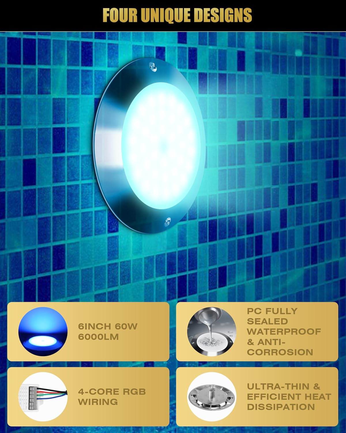 Goldlife P9-2 6Inch RGB Pool Light for Inground Pools 12V 60W 6000LM, 50ft Cord LED Underwater Pool Lights, IP68 Waterproof Swimming Pools Light, PC Pool Light Fixture (NOT Included Controllers)