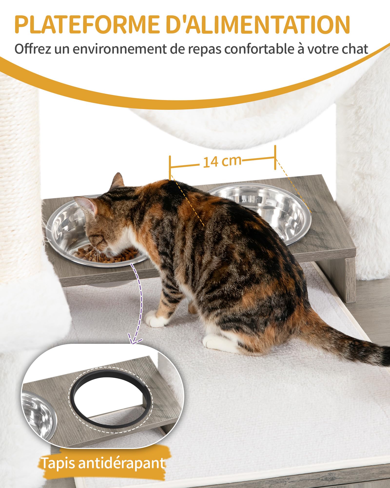Hzuaneri Arbre à Chat avec Meuble Litiere Chat, Hauteur 176 cm, Grège | Mangeoire, avec Grande Plateforme, Corde en Sisal, Hamac, Coussin Lavable, Balles en Peluche, CB89105WT