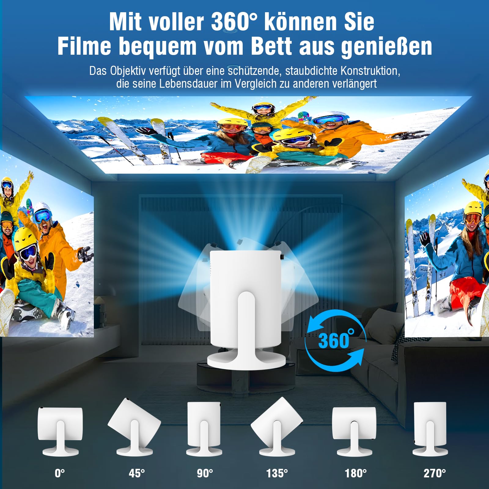 Tragbarer Mini Beamer 4K mit WiFi 6 und Bluetooth, Kleiner Projektor für unterwegs, 360° drehbarer Fuß, Powerbank-Anschluss und Handy-Kopplung, ideal für Heimkino und Portable Projector 4K Erlebnisse