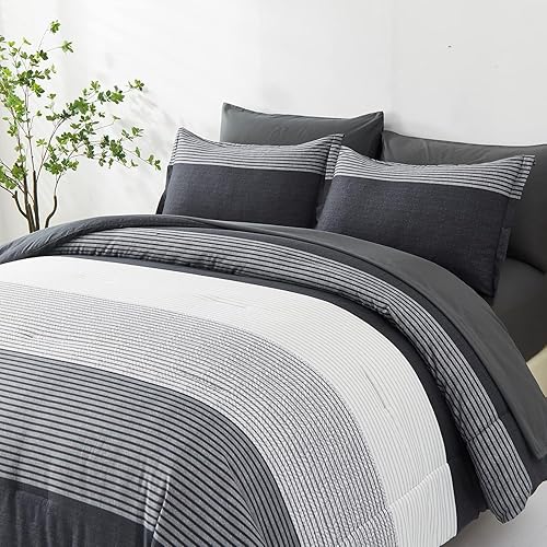 Miniatura 2 de Anibedding - Juego de 7 piezas cama en una bolsa, edredón negro y gris tamaño full, juego de edredón de microfibra a rayas ligeras para dormitorio