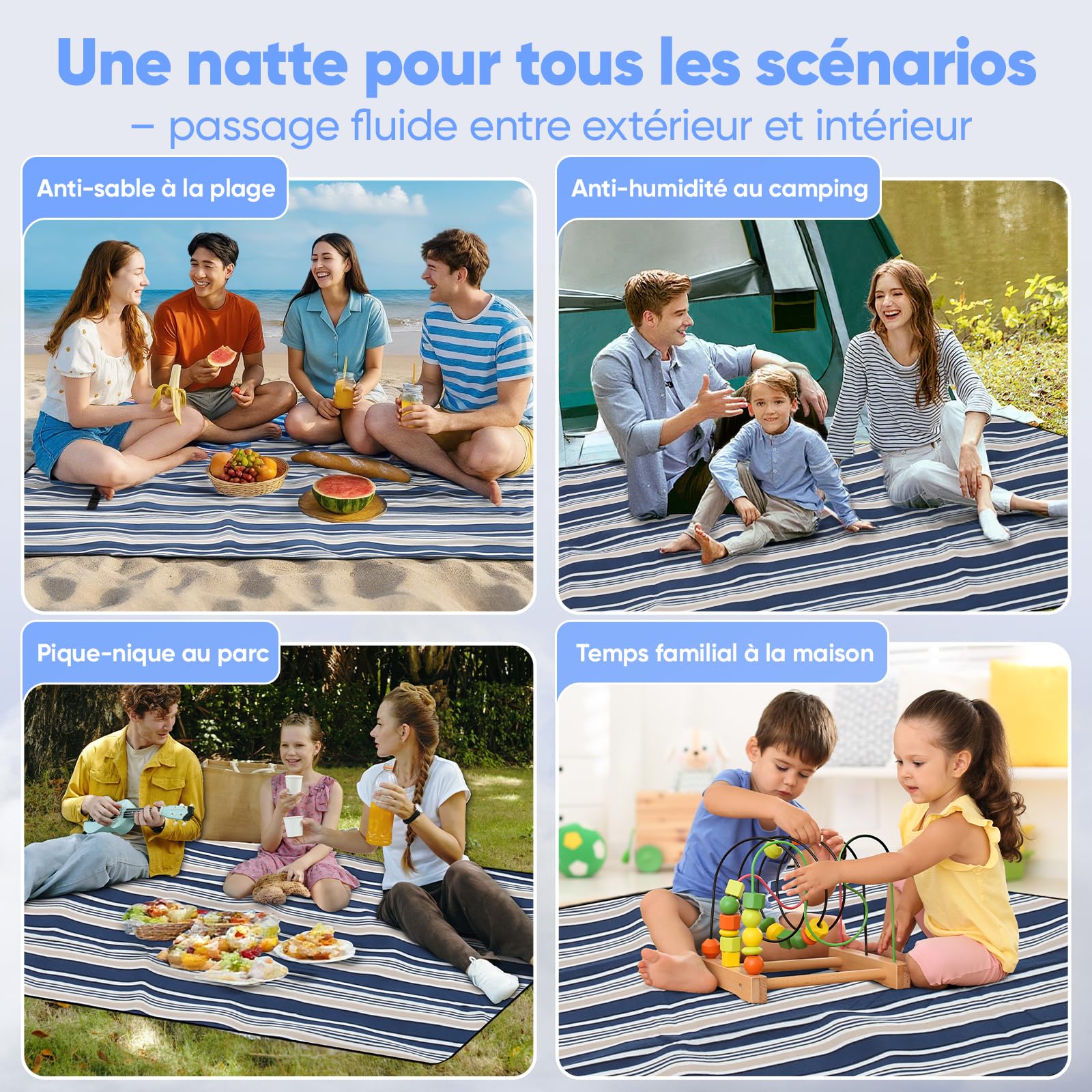 Sekey Couverture Pique-Nique 200x200 cm, Nappe Anti-Sable, Fond PEVA Imperméable, Tapis Pique-Nique Pliant, Idéal pour Camping, Plage et Pré, Rayures Bleu-Blanc-Beige