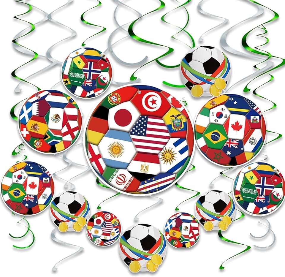 AhfuLife 24 peças de espirais de futebol para decorações de Copa do Mundo de 2026, decorações de festa de aniversário de futebol presentes para festas olímpicas, decorações de aniversário para chá de