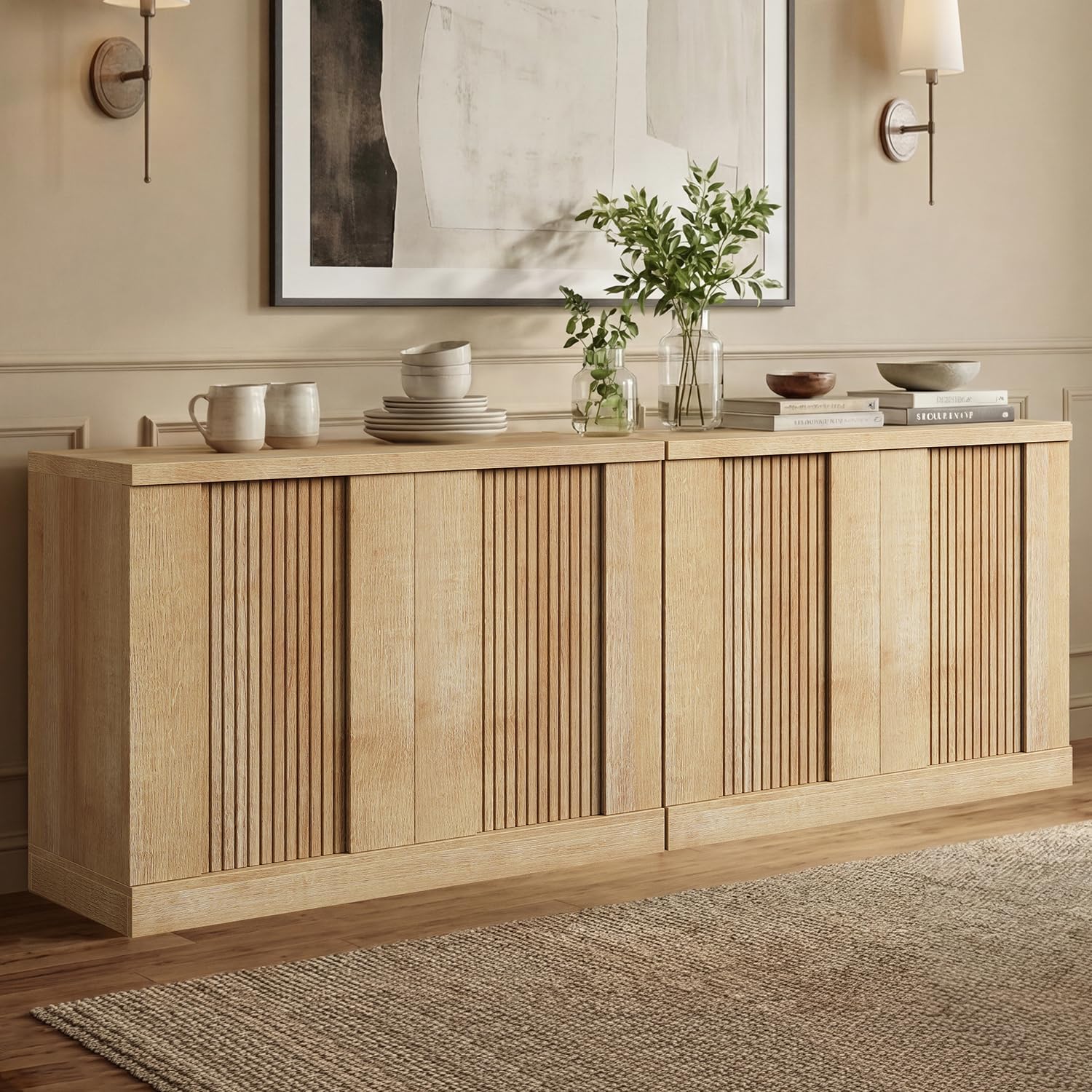 HAUOMS Storage Cabinet, Buffet Cabinet, Fluted Console Cabinet, Sideboard with Adjustable Shelf, Mid Century Modern Buffet Table, Credenza, for Kitchen, Living Room, Entryway (Oak, 2 Pieces)