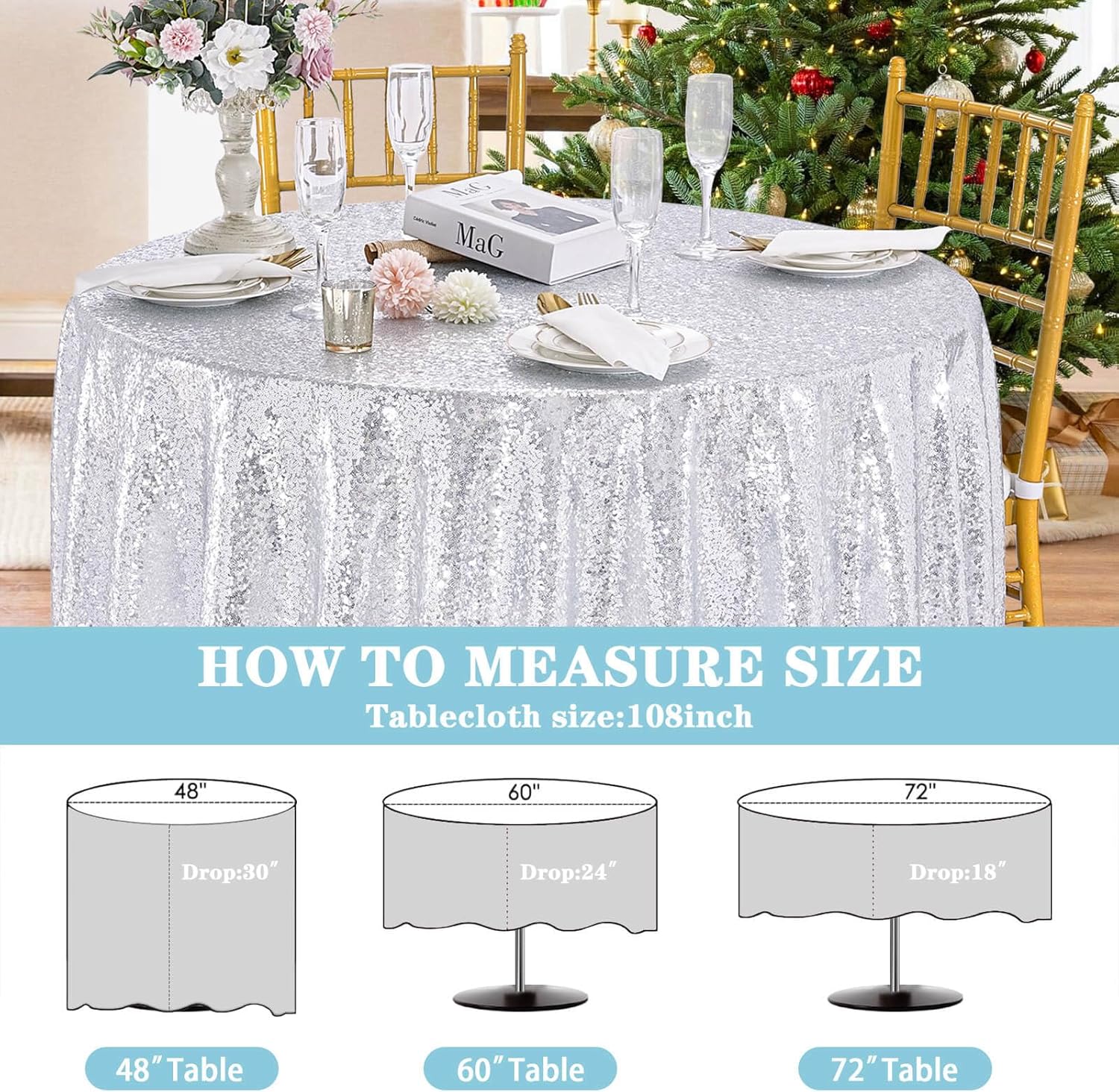 QueenDream 108 inch Round Tablecloth Silver Sequin Table Cloth Glitter Decorative Table Cover for Wedding Party Dining Banquet