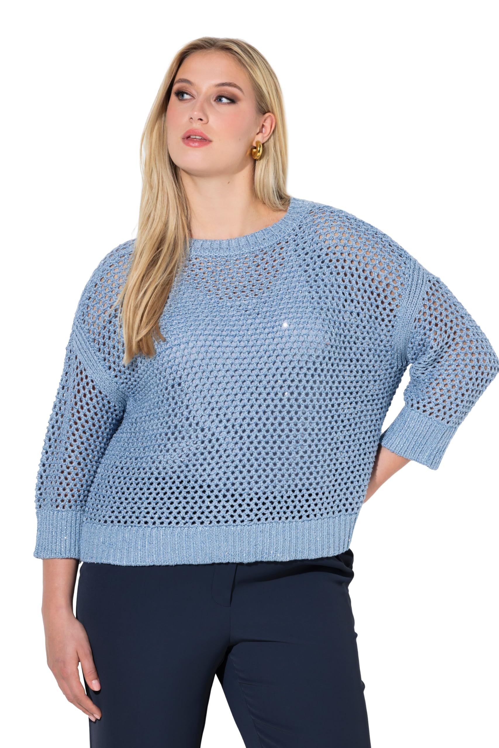 Ulla Popken Damen große Größen Übergrößen Plus Size Pullover, Pailletten, Oversized, Rundhals, 3/4-Arm 846344