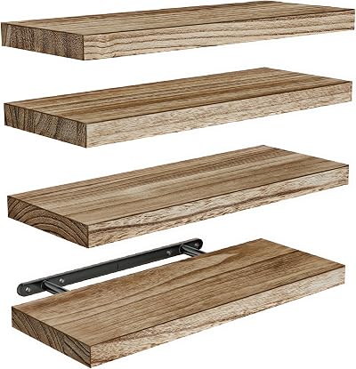 Amada Floating Shelves for Wall, Paulownia Wood, Set of 4, Light Brown