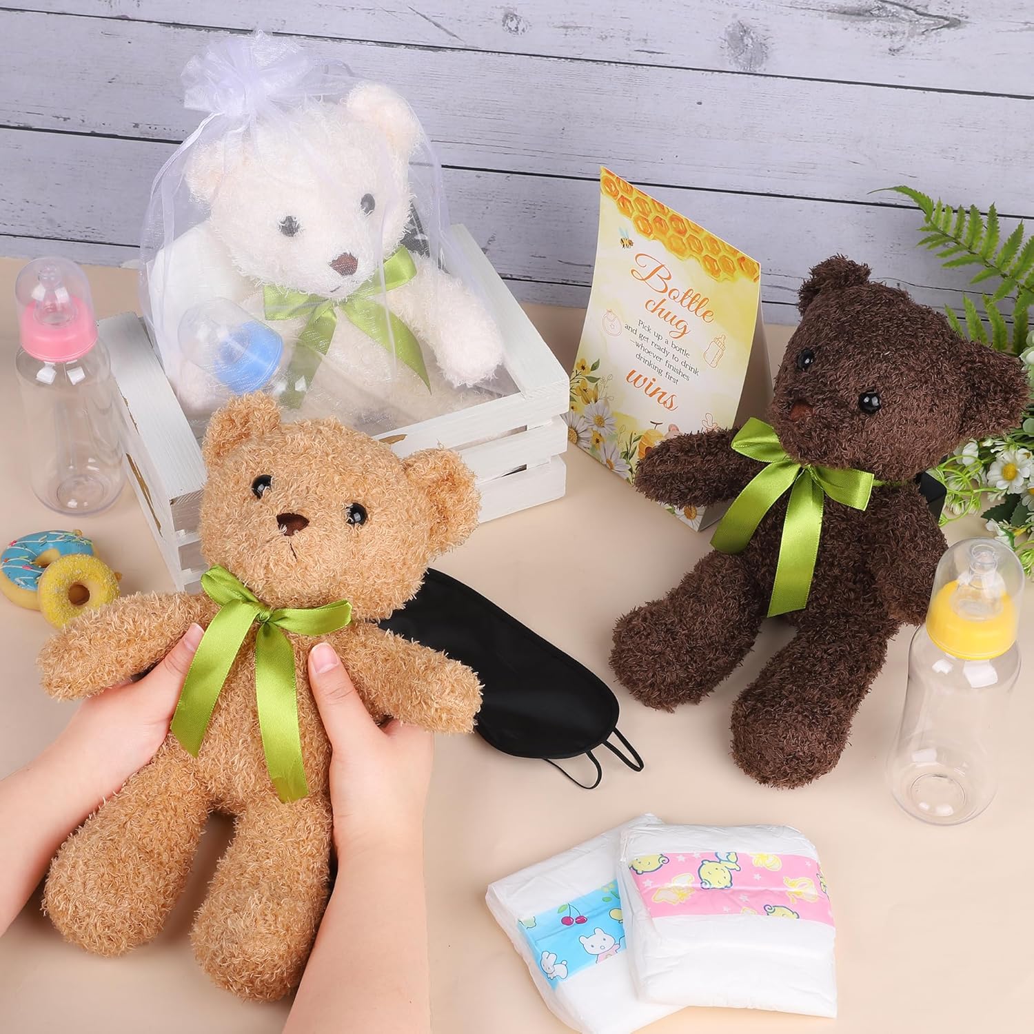 Aneco 6 Sets Bottle Chug Baby Shower Games, Bear Themed Baby Shower Blindfolded Diaper Changing Game Kits with Plastic Bottles, Game Sign, Gift Bags for Gender Reveal Raffle Party Prizes for Adults