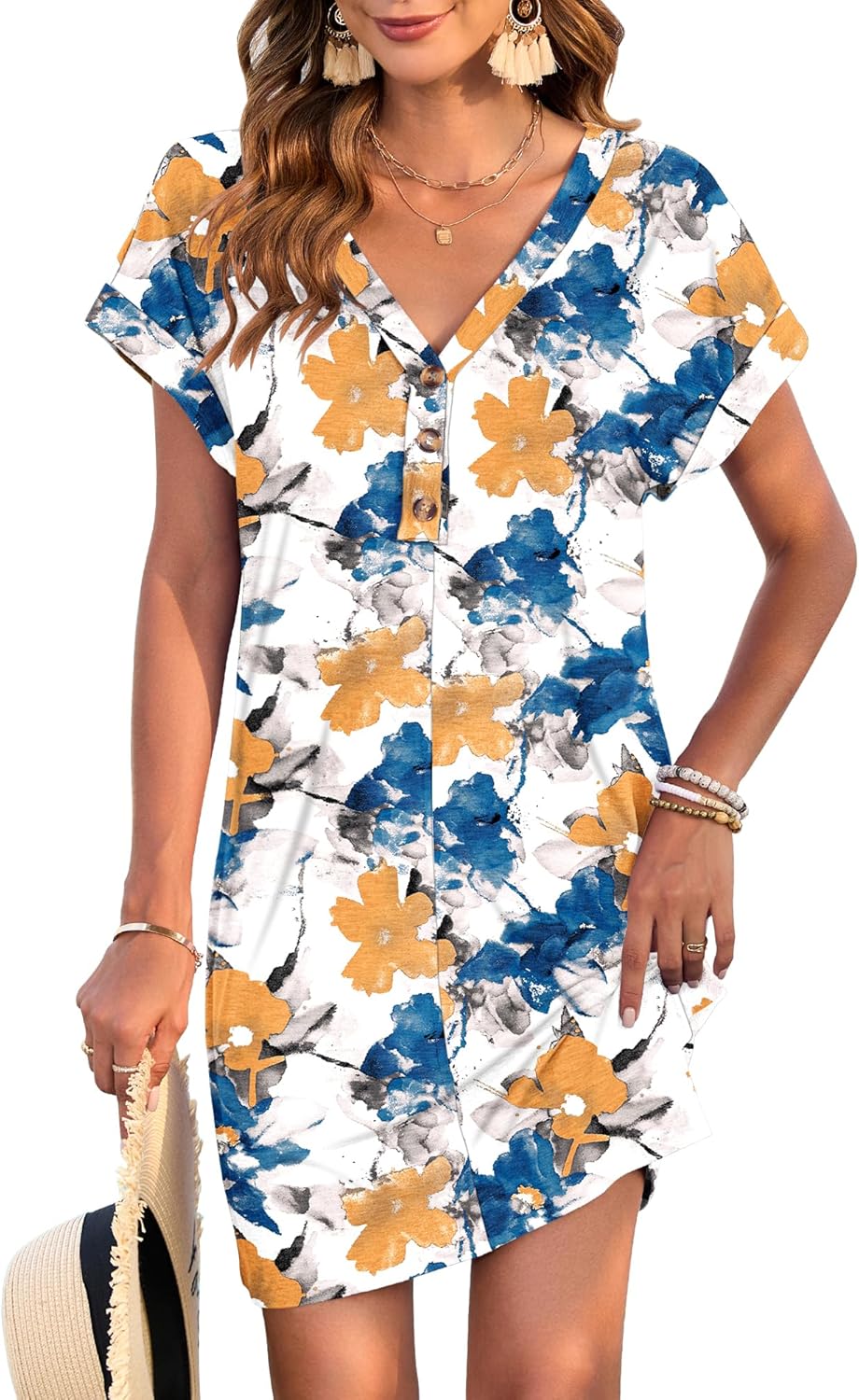 MOLERANI Women's Casual T Shirt V Neck Dress Summer Button Mini Sundresses