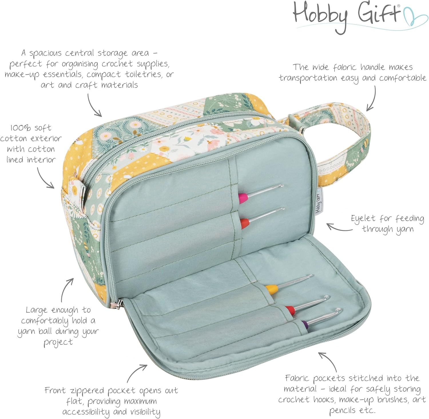 Hobby Gift Crochet Bag Zippered Storage Case with Thread Eyelet Carry Handle for Crochet Hooks Yarn and Craft Accessories