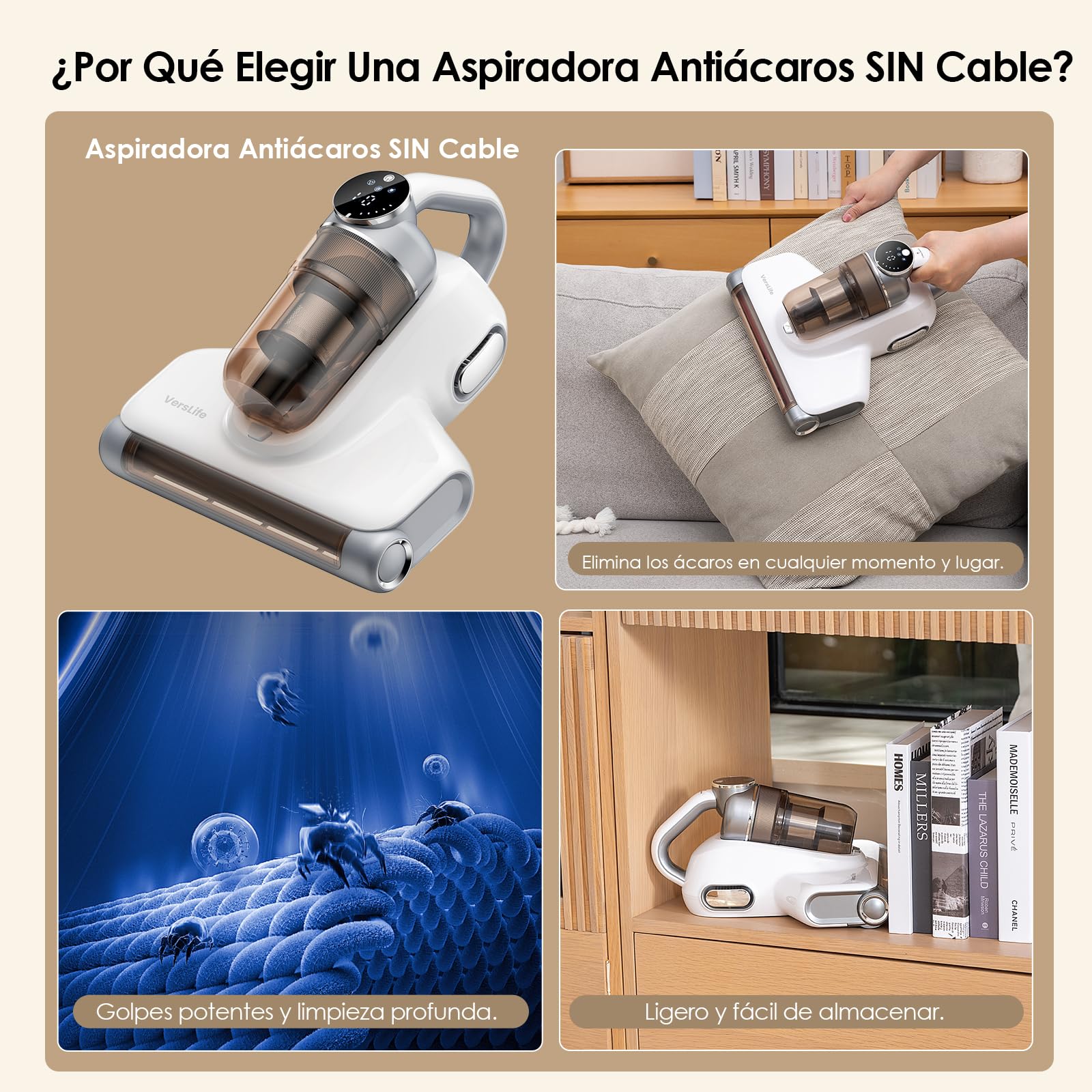 VersLife M6 Aspiradora Antiacaros para Colchones SIN Cable, 15kpa Aspirador de Ácaros Inalámbrico con Luz UV y Vibración, Aspirador de Mano Ligero, Aspiradora Antiácaros y Antibacterias para Cama