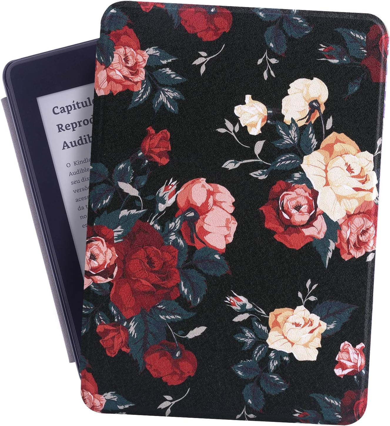 Vimorco Smart Case for All-New Kindle Paperwhite (10th Generation, 2018 Release) - Premium Lightweight PU Leather Slimshell Cover with Auto Sleep/Wake for Amazon Kindle Paperwhite E-Reader, Black&Red Flower