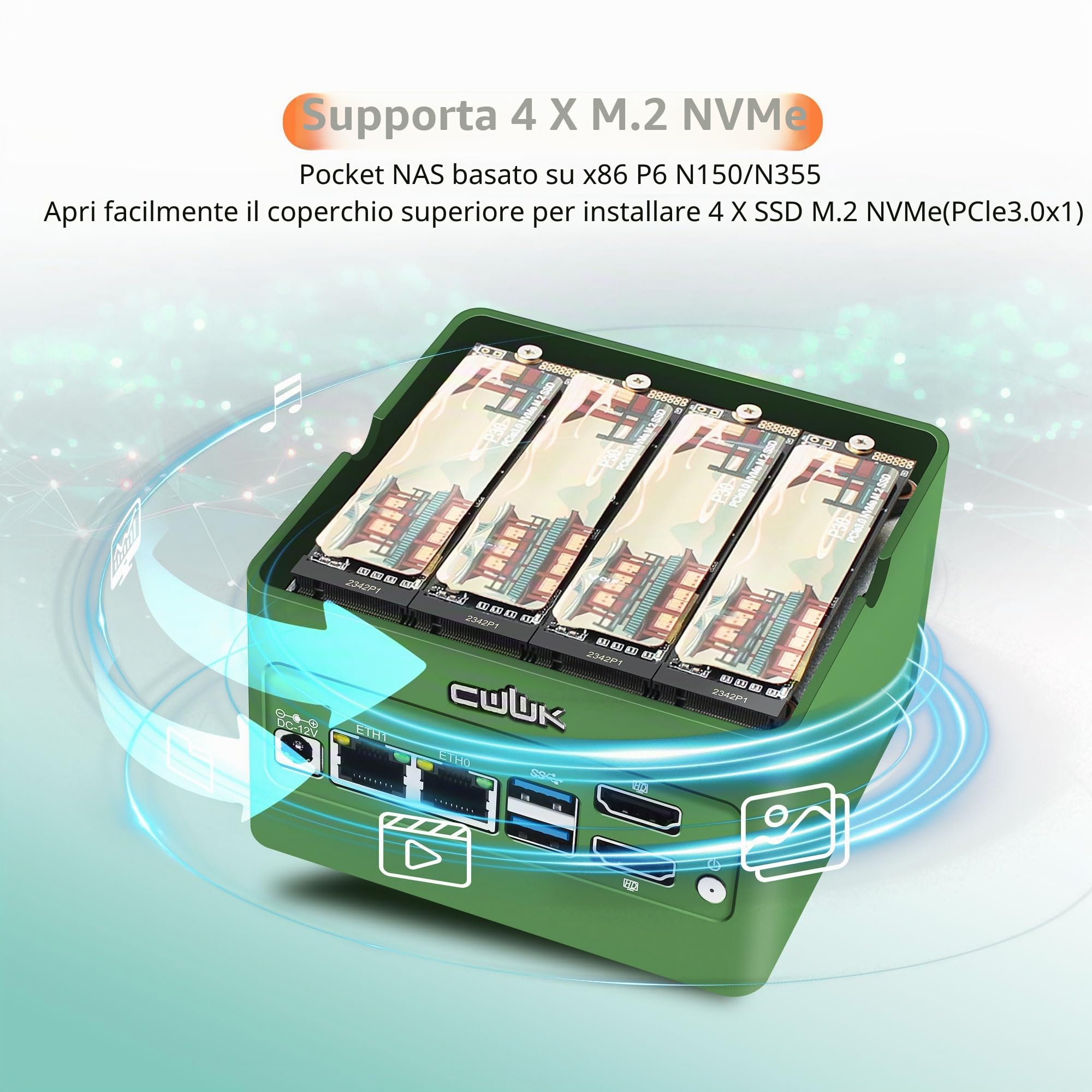 CWWK N355 Mini PC (Upgraded N305) X86-P5 Pocket NAS, 4 X M.2 NVMe Mini Computer con 2 X i226-V 2.5GbE LAN, Barebone Micro PC DDR5 NO RAM/SSD/OS, WiFi7/BT5.4 Expandable, 2 Display