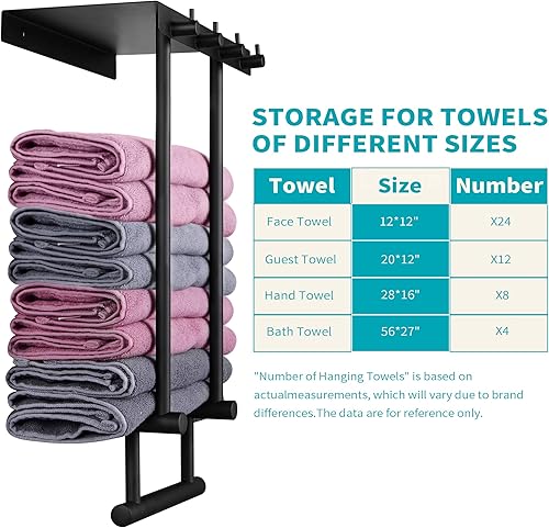 Miniatura 4 de Toallero montado en la pared con estante de metal y 4 ganchos, toallero de acero inoxidable para baño pequeño, almacenamiento de toallas de baño,