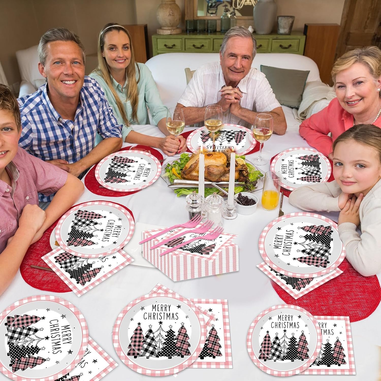 96PCS Merry Christmas Tree Party Plates and Napkins, Pink Plaid Party Decorations for Xmas Winter Holiday Party Dessert Plates, Pink Buffalo Plaid Tableware Decor, Serves