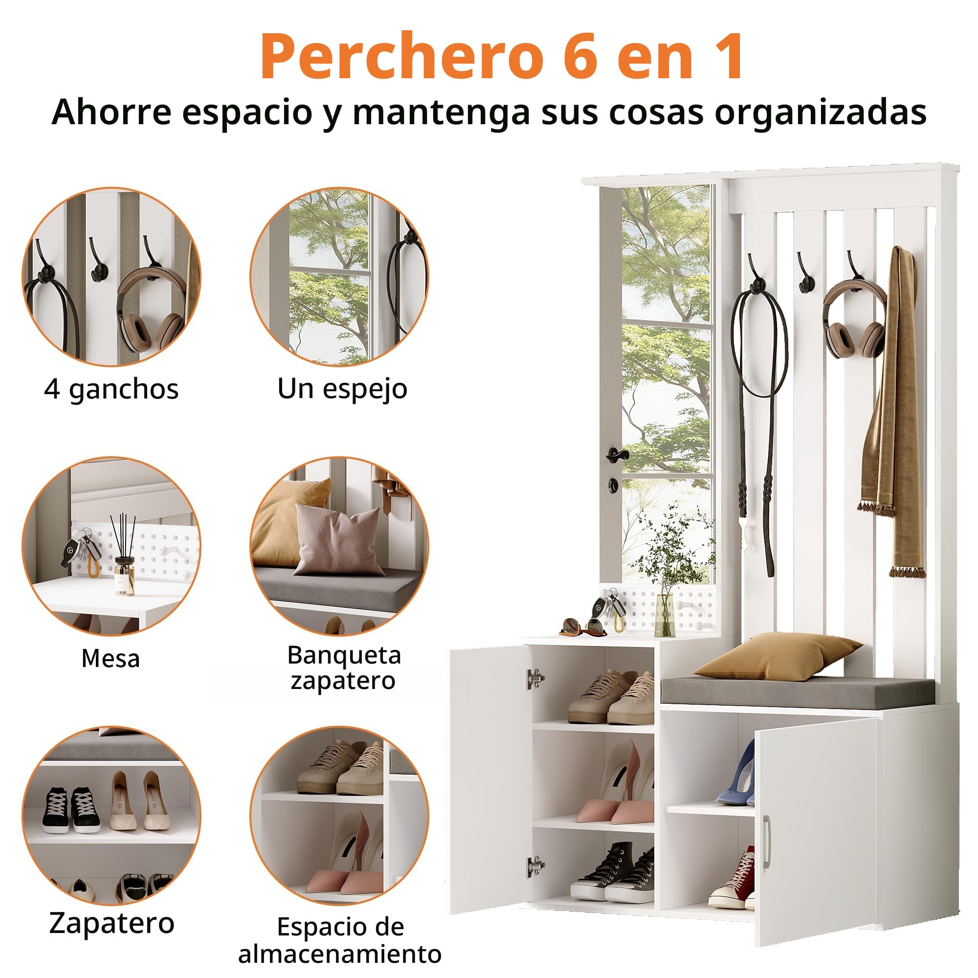 Perchero con Armario de Zapatos,Conjunto Recibidor con Banco Zapatero,Ganchos y Espejo | 100x40x80 cm Mueble de Entrada Multifuncional,Todo en Uno,Blanco