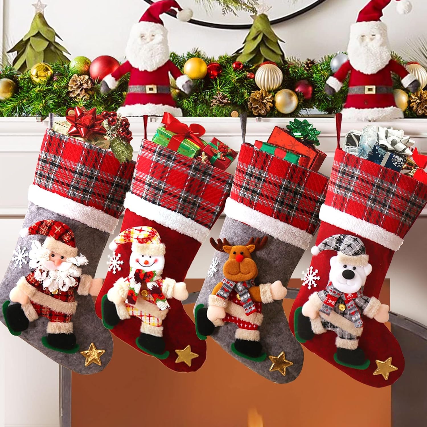 NIBESSER Christmas Stockings Set of 4, 18" Sequins Classic Farmhouse Large Christmas Stockings with 3D Santa, Snowman, Polar Bear, Penguin for Family Holiday Party Christmas Decorations