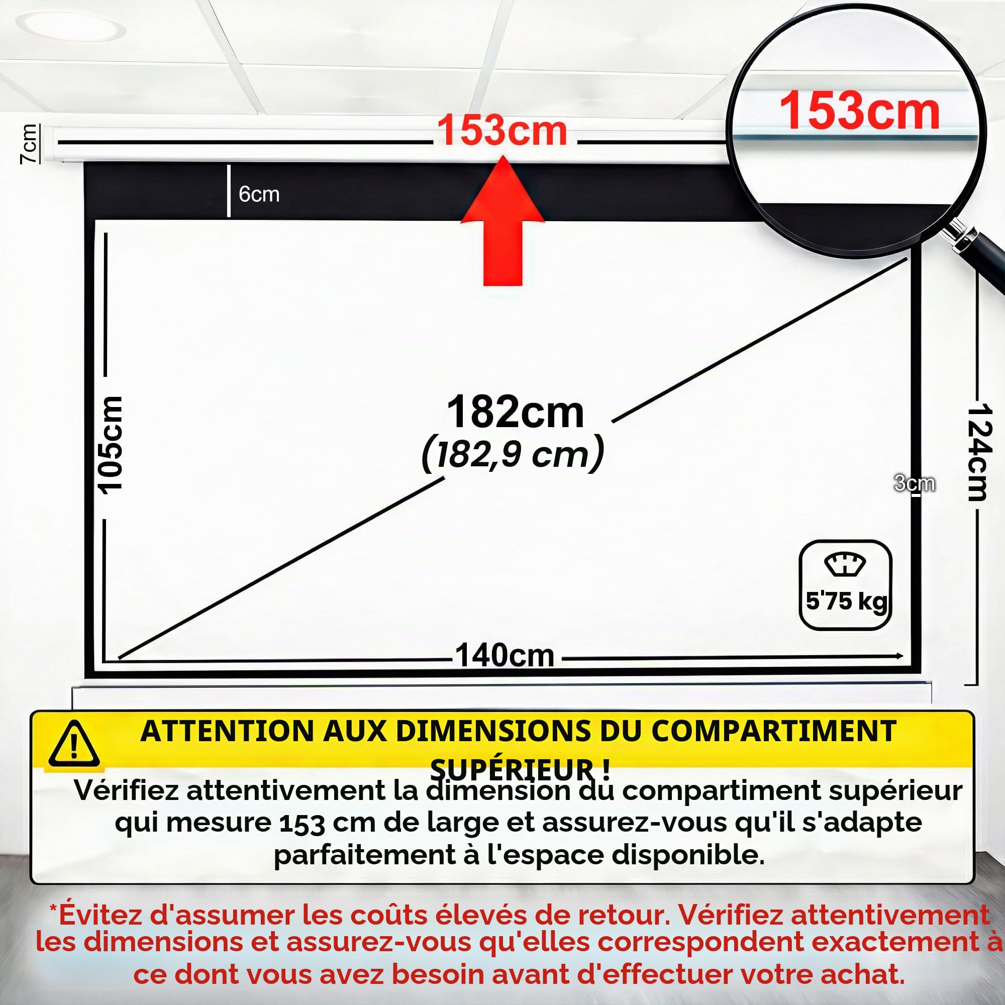 Écran de projection 72" 140 x 105 cm - Surface blanche mate avec un facteur de gain de 1,1 - Bord noir sur tout le pourtour et l'arrière du tissu noir - Home cinéma