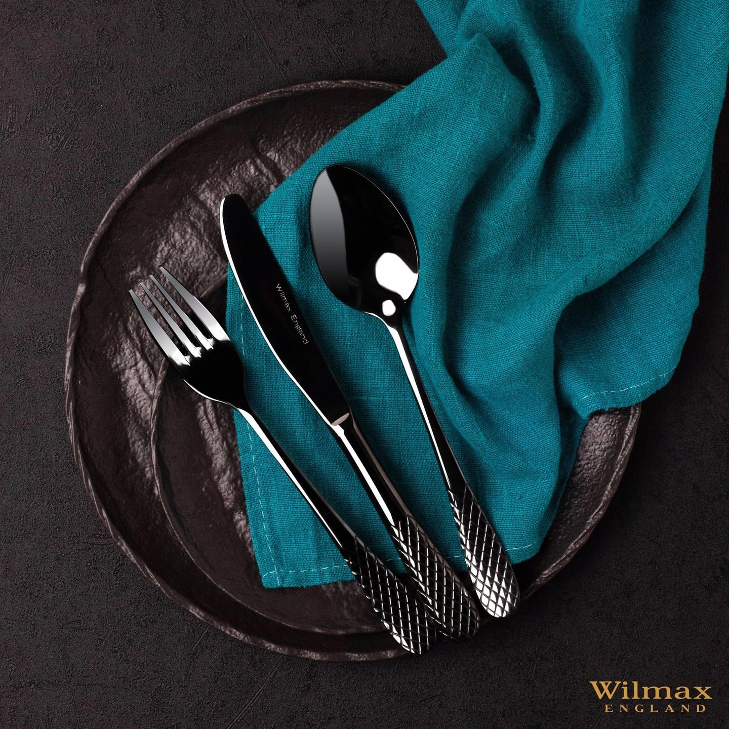 Wilmax - Piatti - 6 pezzi in porcellana - piatto piani neri - Imitazione pietra - Usi domestici e ristorazione - Smalti a mano - Lavabili in lavastoviglie