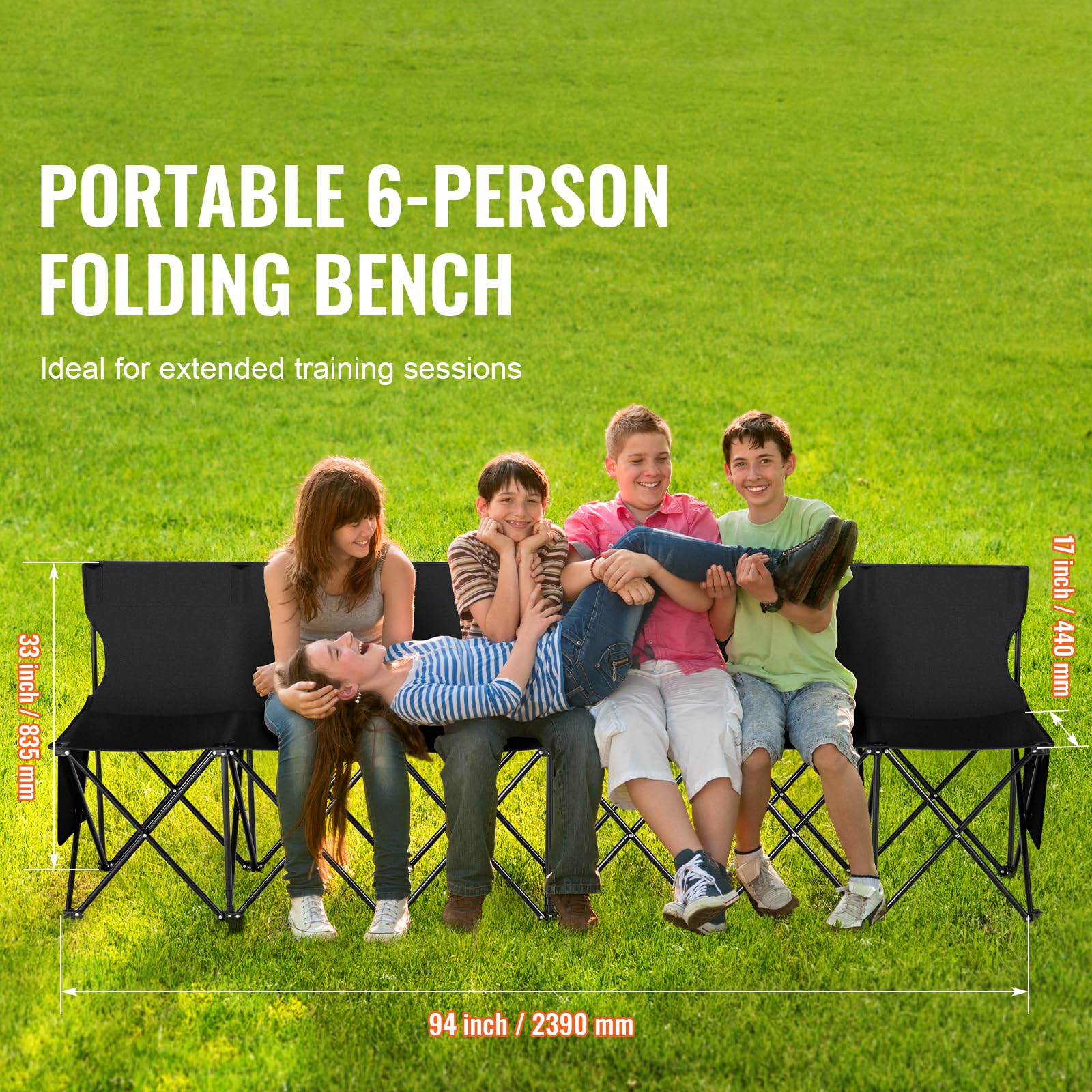 Happybuy Portable Folding Bench, 6 Seats Sideline Bench with Backrest, Outdoor Camping Chair, Black, No Assembly