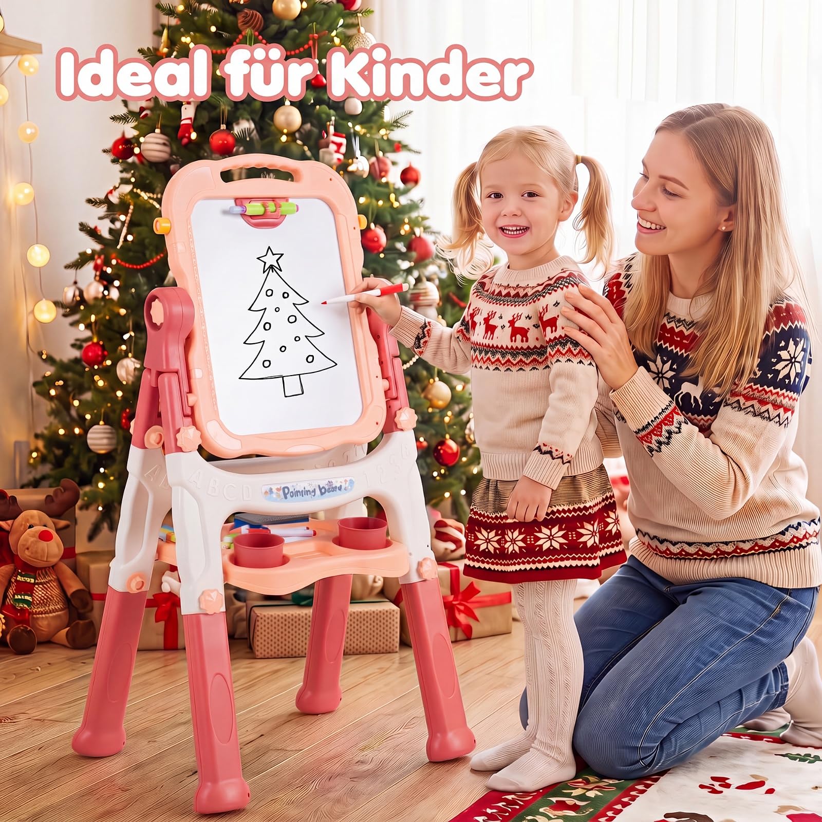 COSTWAY 4-in-1 Kindertafel, Doppelseitige Kinderstaffelei (Pfirsichrosa)