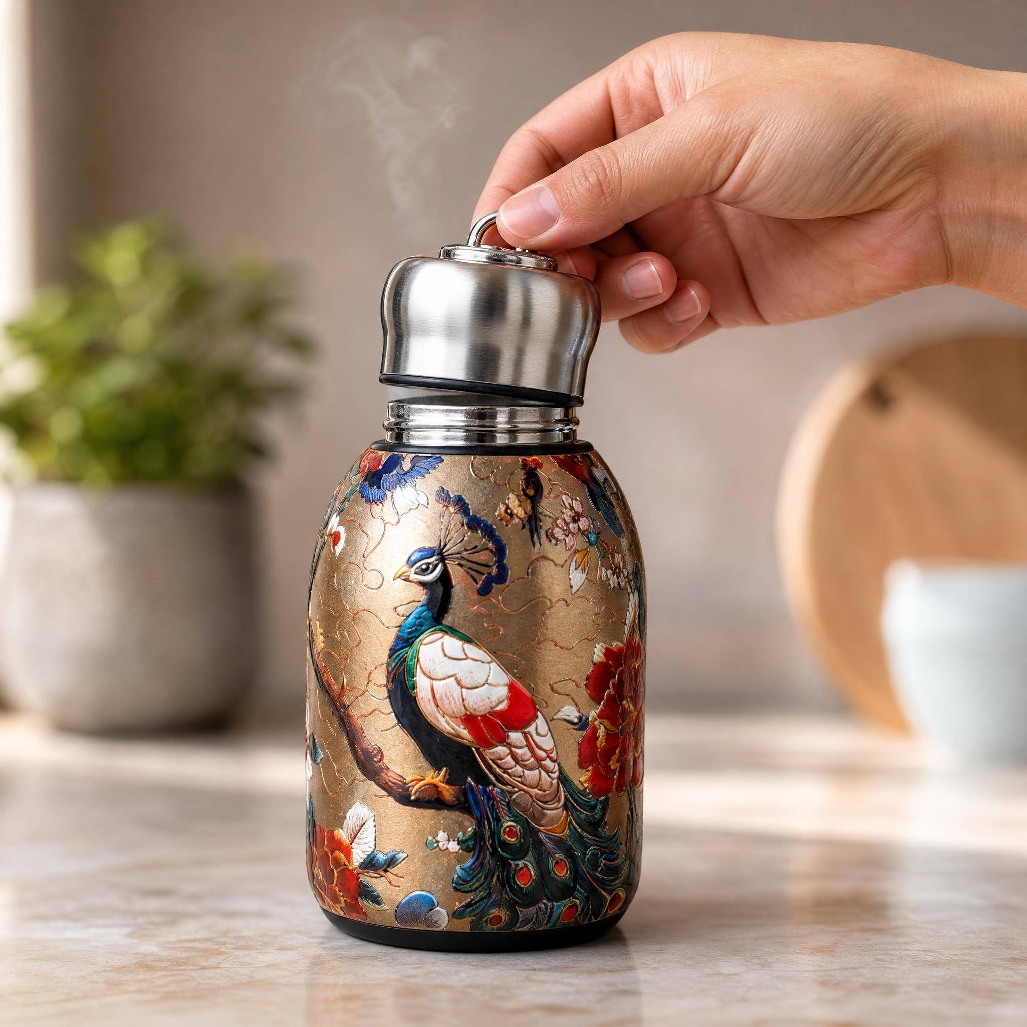 360ML Thermoses Stainless Steel Thermal Bottles Portable Leakproof Water Cup with Hanging Ring Hot and Cold Travel Camping Hiking Office Bottle (Peacock)