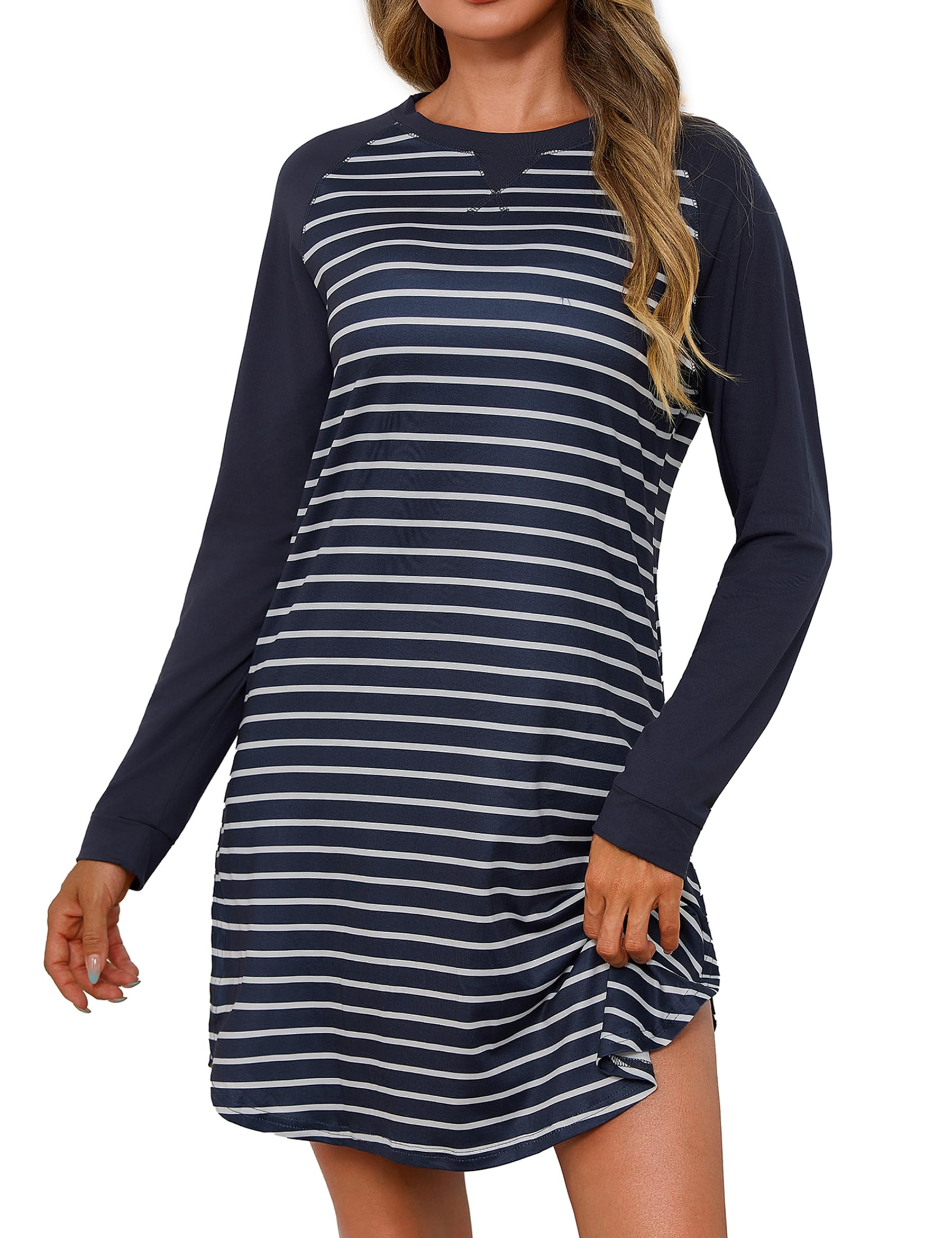 Uniexcosm Nachthemd Damen Langarm Kontrastfarben Schlafshirt Baumwolle Nachthemden für Frauen mit Rundhalsausschnitt Sleepshirt Sleepwear