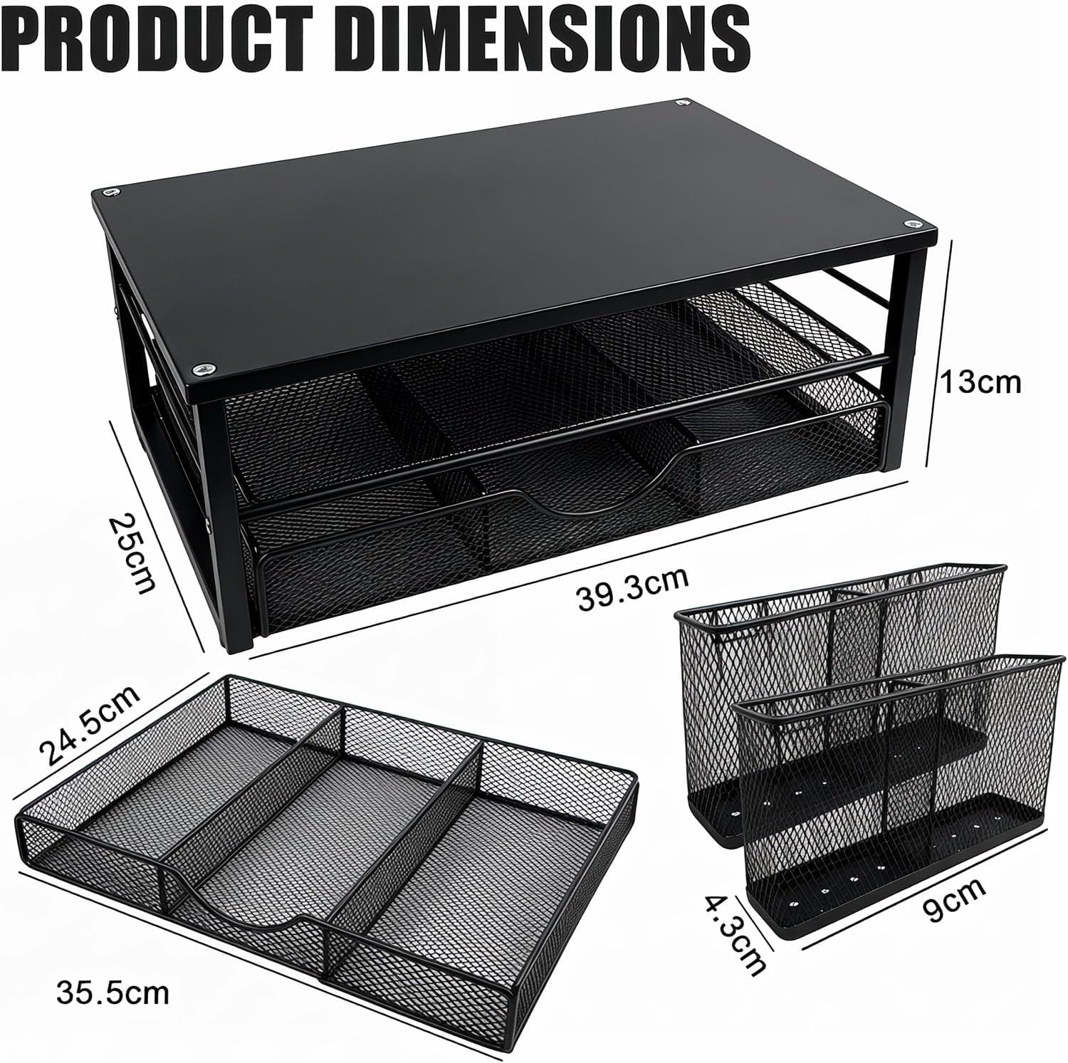 Supporto per monitor con cassetto e 2 portapenne, rialzo ergonomico da scrivania per laptop e schermo, organizer multifunzionale a 2 livelli per ufficio e home office (nero)