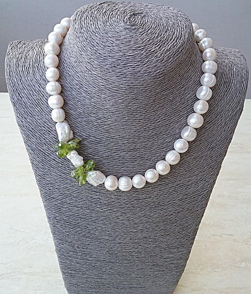 Genuine white freshwater pearl, olivine and keshi pearl necklace
