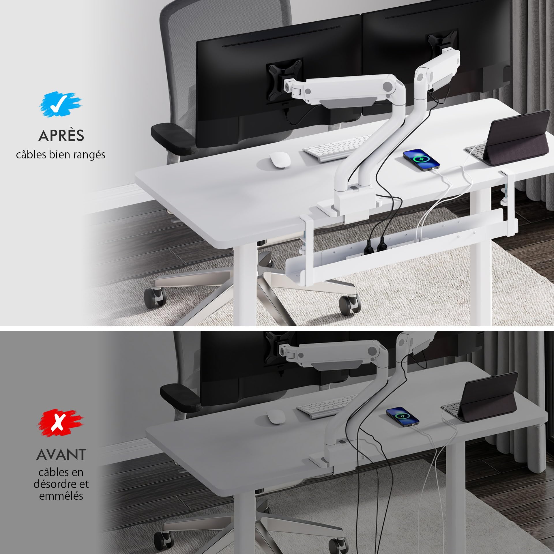 Mimoke Goulotte de câbles de bureau - Extensible de 800 à 1200 mm - Gestion des câbles - Bureau avec accessoires - Montage facile par serrage (blanc)