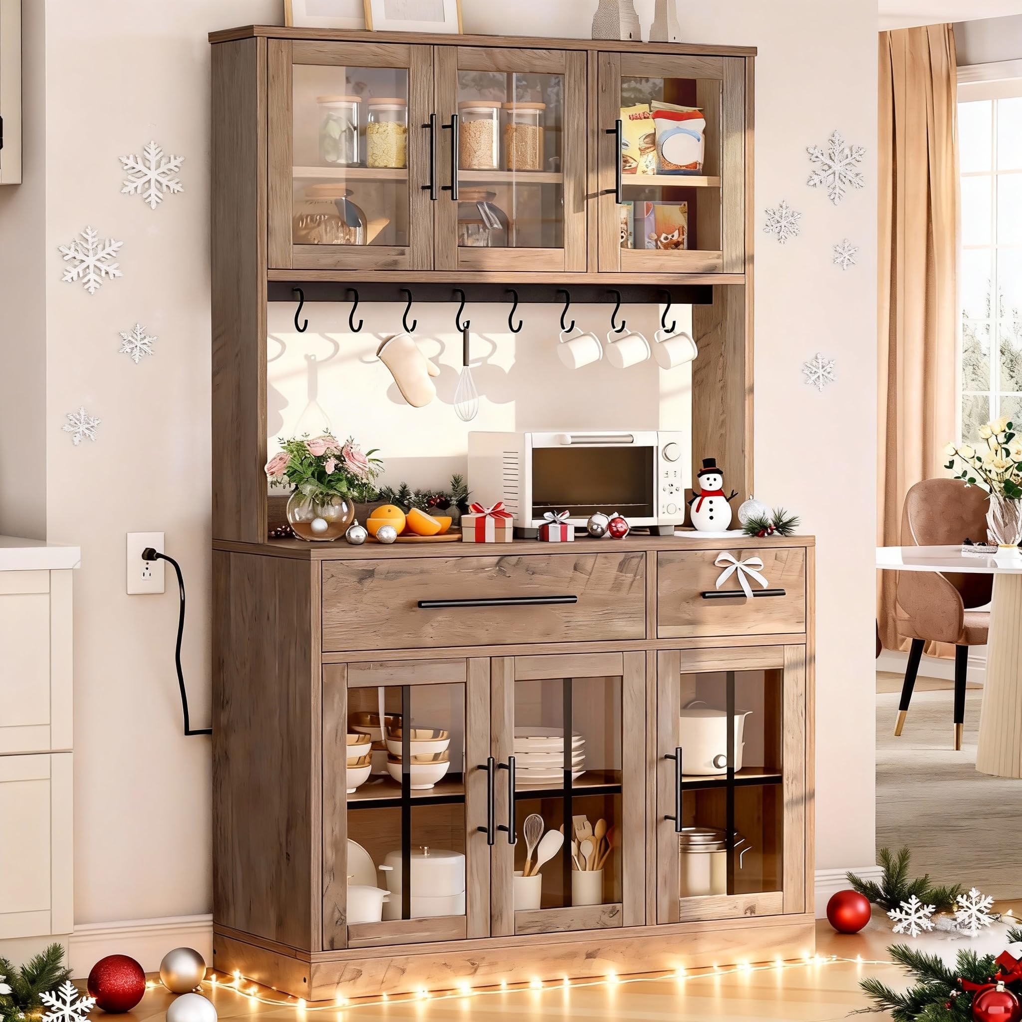 YITAHOME 71" Farmhouse Kitchen Pantry Storage Cabinet with Power Outlet, Freestanding Glass Door Display Pantry Hutch with Microwave Stand & Adjustable Shelves & Large Countertop for Home, Lvory Grey